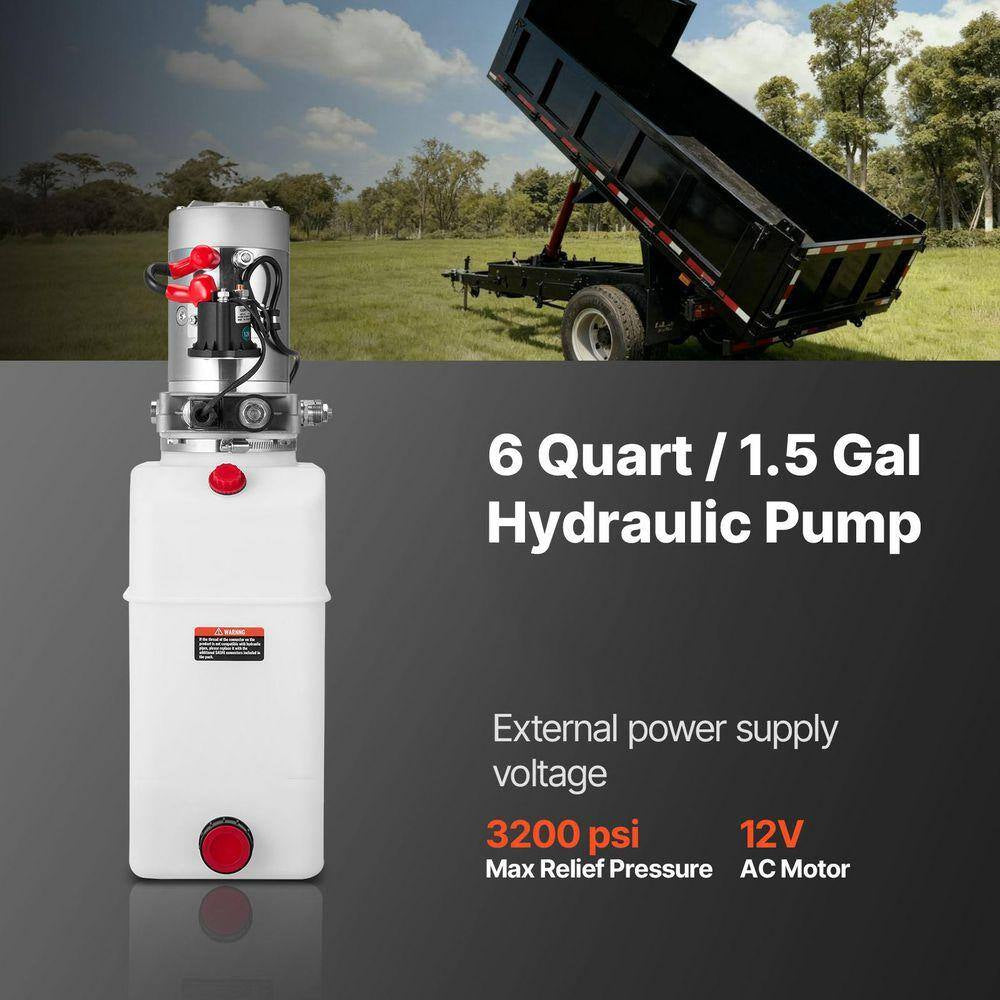 6 Qt. Hydraulic Power Unit, Single Acting Dump Trailer Pump, 3200 PSI Max Relief Pressure and 0.91 GPM Flow Rate, White