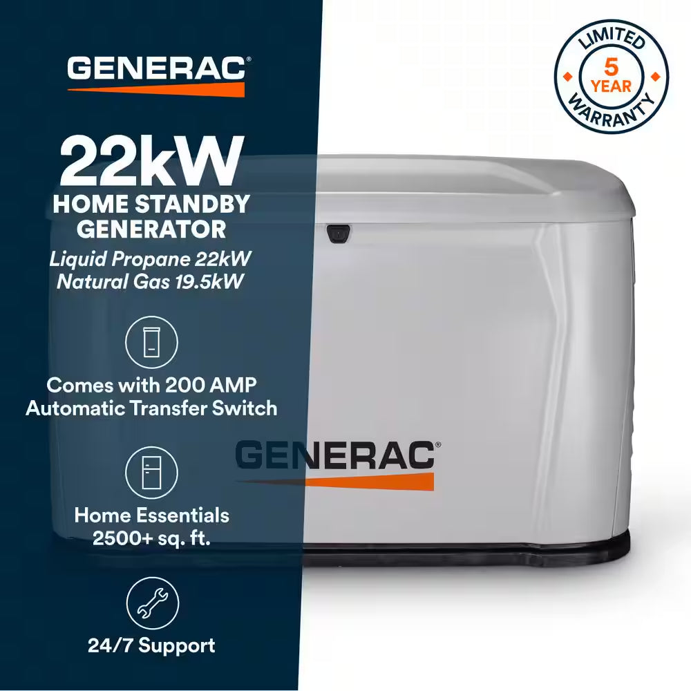 22Kw Air-Cooled Auto Start Natural Gas or Propane Whole House Generator and 200 Amp Transfer Switch W/ Smart Monitoring