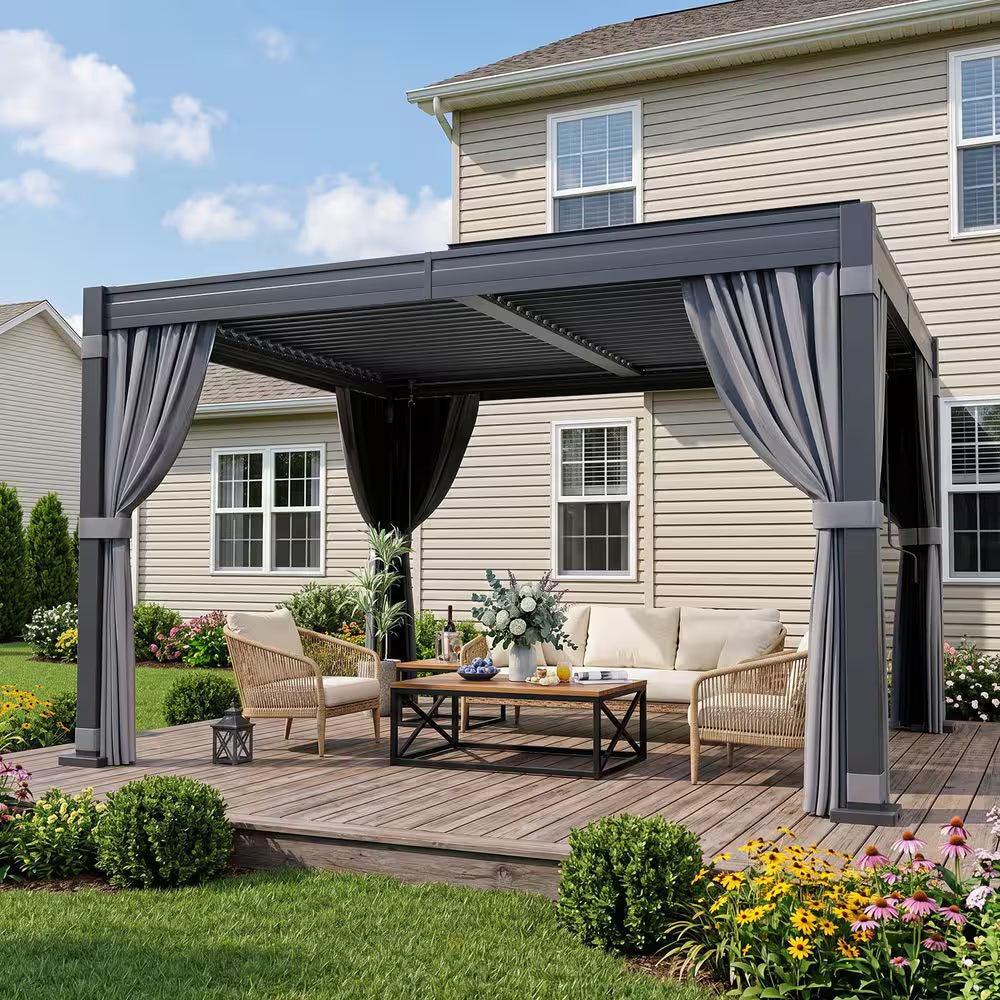 10 Ft. X 12 Ft. Steel Outdoor Louvered Pergola with Nettings,Curtains,Water-Tight Adjustable Roof