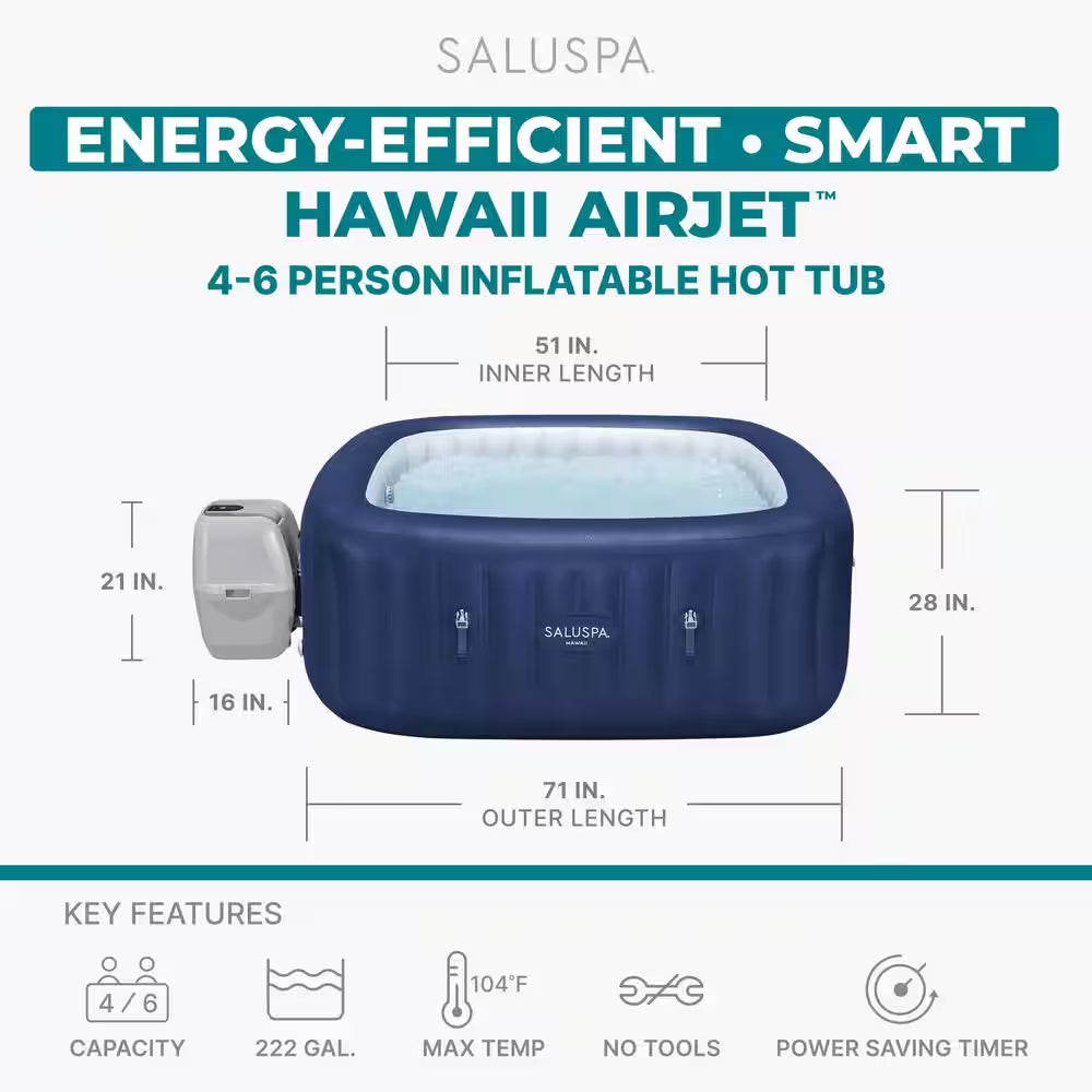Saluspa Hawaii 4-Person 140 Jet 120V Inflatable Hot Tub with Airjets, Square Spa