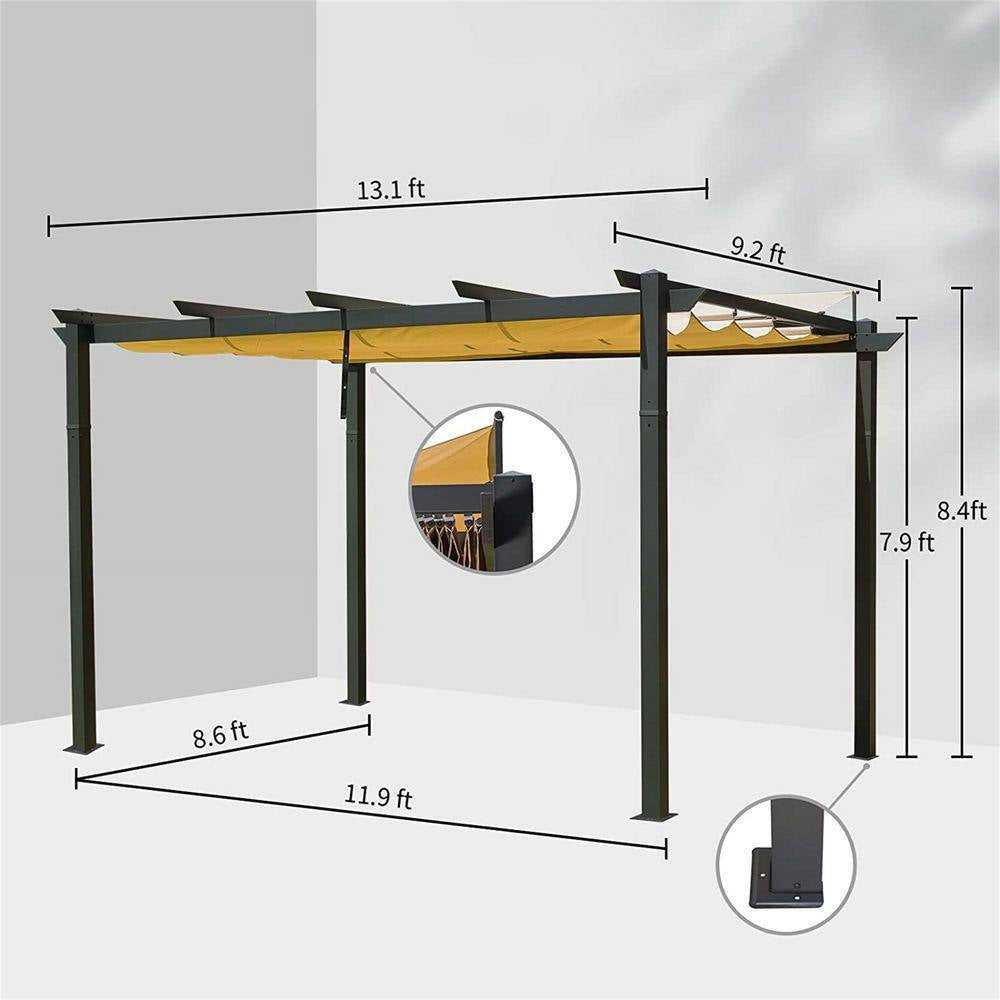 9 Ft. X 13 Ft. Outdoor Retractable Gazebo Pergola with Weather Resistant Sun Shade Canopy in Dark Gray