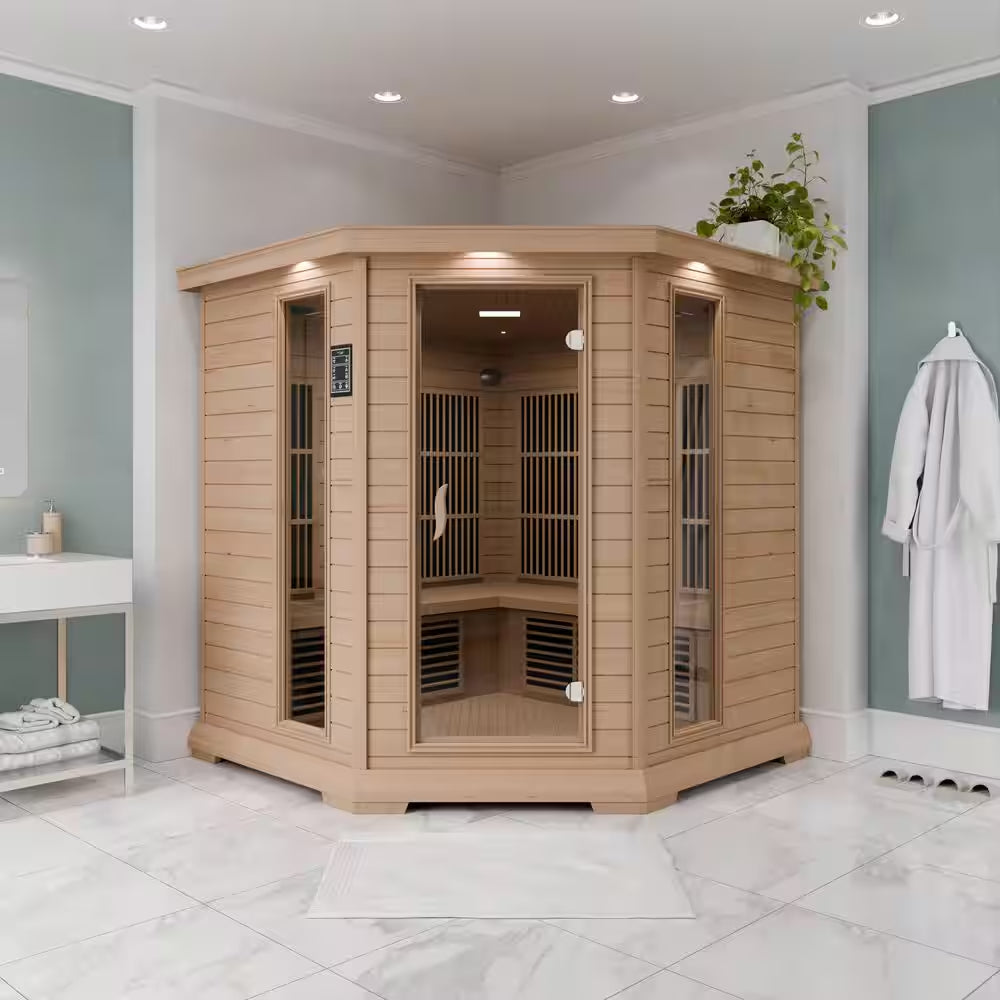 5-Person Indoor Hemlock Wood Electric Infrared Sauna with Touch Control Panel, Spot Light, and Speaker