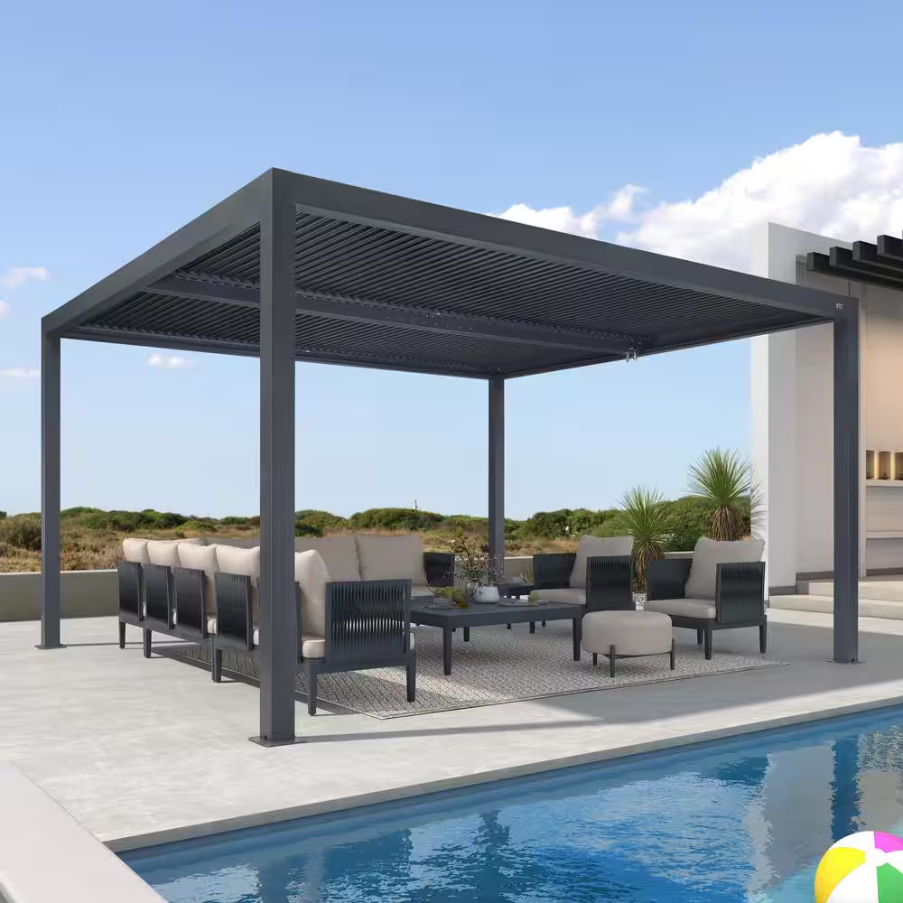 12 Ft. X 14 Ft. Gray Aluminum Frame Outdoor Hardtop Louvered Pergola with Adjustable Sunshade Roof and In-Built Gutter