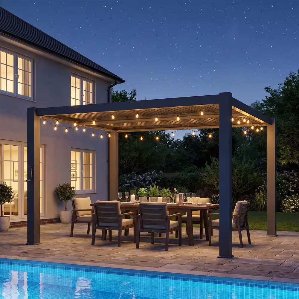 10 Ft. X 12 Ft. Black Metal Pergola with Adjustable Louvered Roof