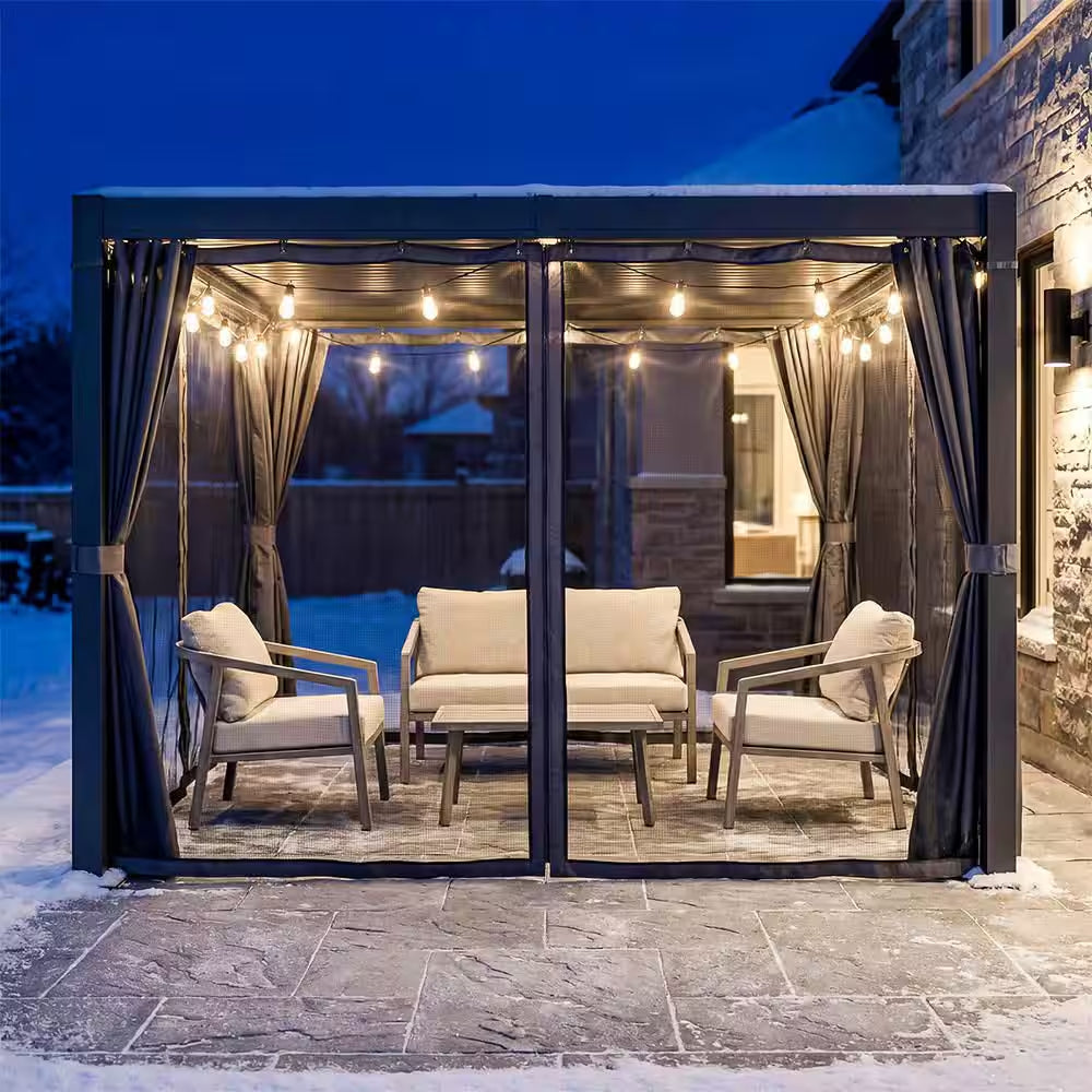 10 Ft. X 10 Ft. Grey All-Aluminum Outdoor Louvered Pergola with Adjustable Roof, Curtains and Netting