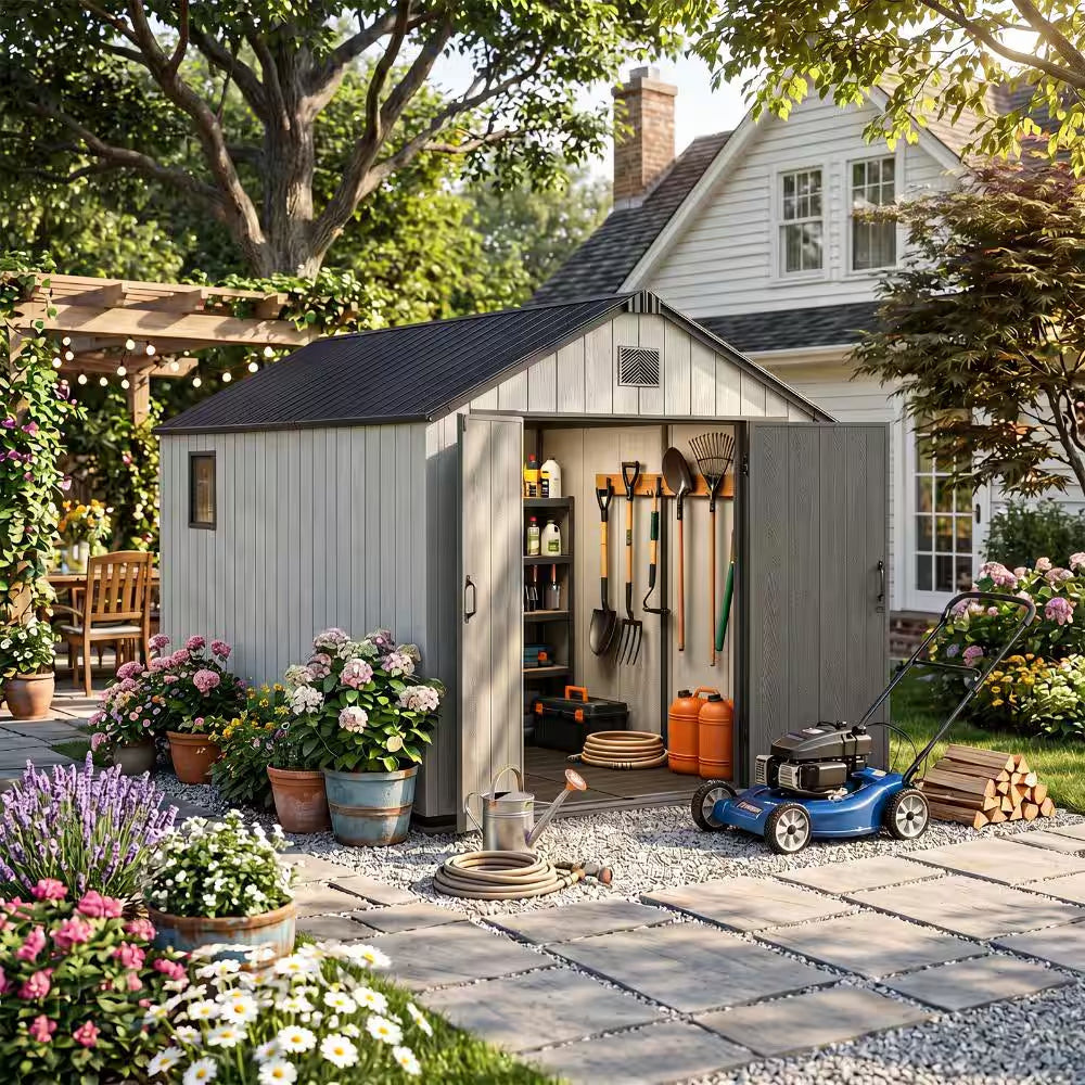 8 Ft. W X 10 Ft. D Resin Storage Shed with Double Doors, Window and Gable Vent 80 Sq. Ft.