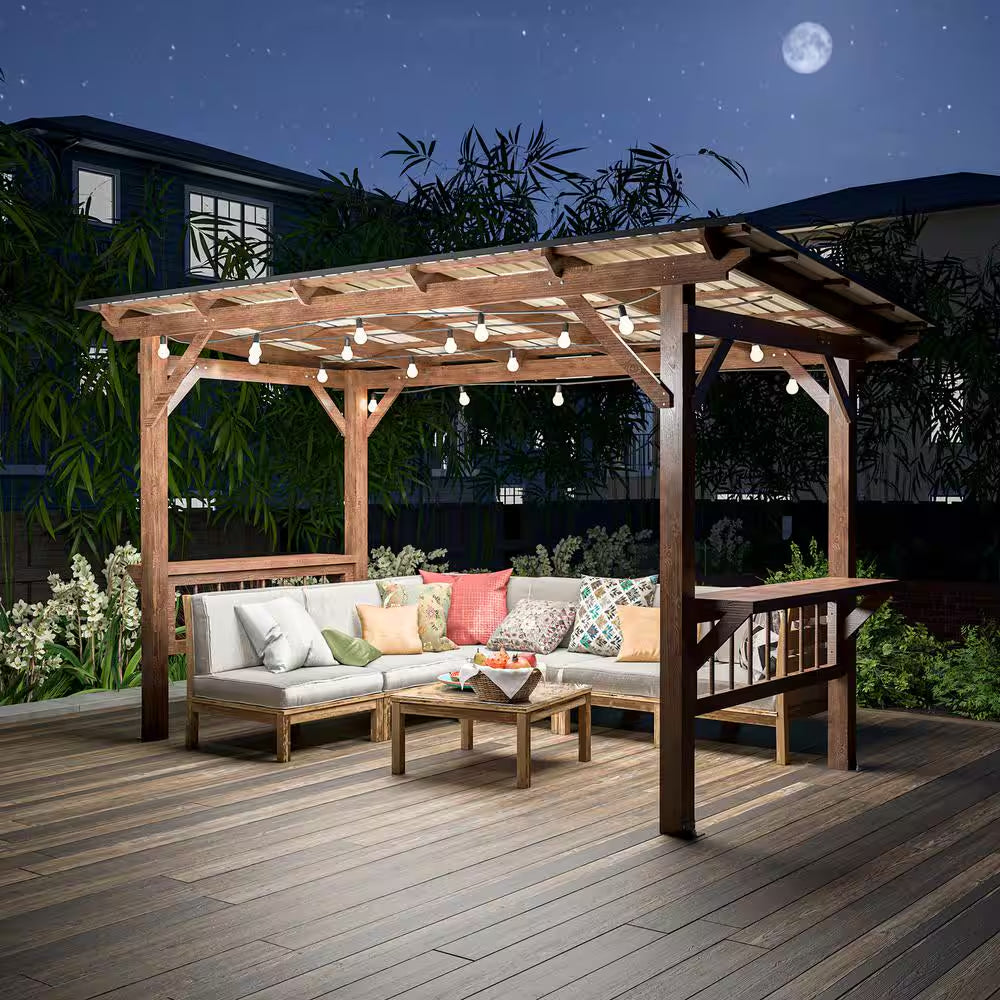 13 Ft. X 6.5 Ft. Brown Wooden Pergola Grill Gazebo with Metal Roof and Bulbs and Bar Counters
