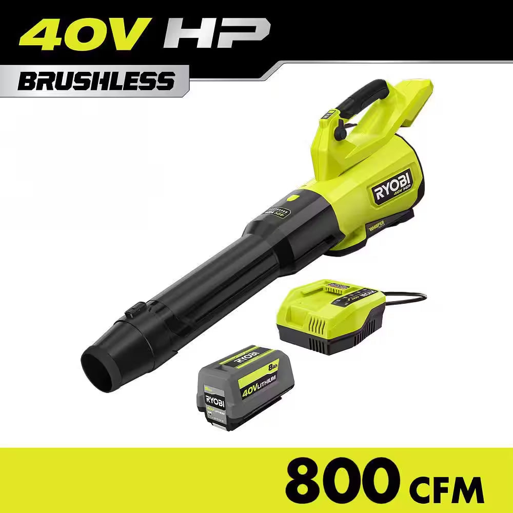 40V HP Brushless Whisper Series 180 MPH 800 CFM Cordless Battery Leaf Blower with 8.0 Ah Battery and Charger