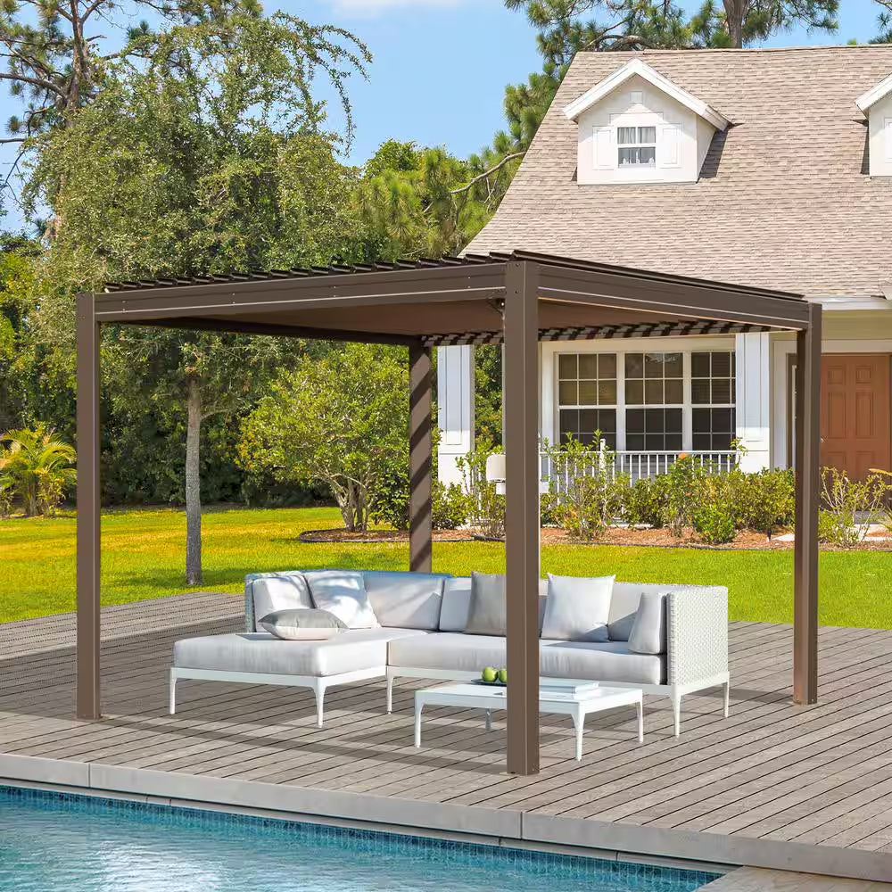10 Ft. X 10 Ft. Brown Aluminum Metal Louvered Pergola