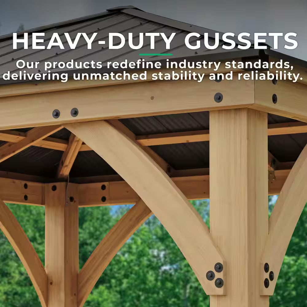 DIY Meridian 12 Ft. X 14 Ft. Cedar Wood Outdoor Patio Gazebo Kit with Hardtop Metal Roof - Permanent Covered Patio Shade