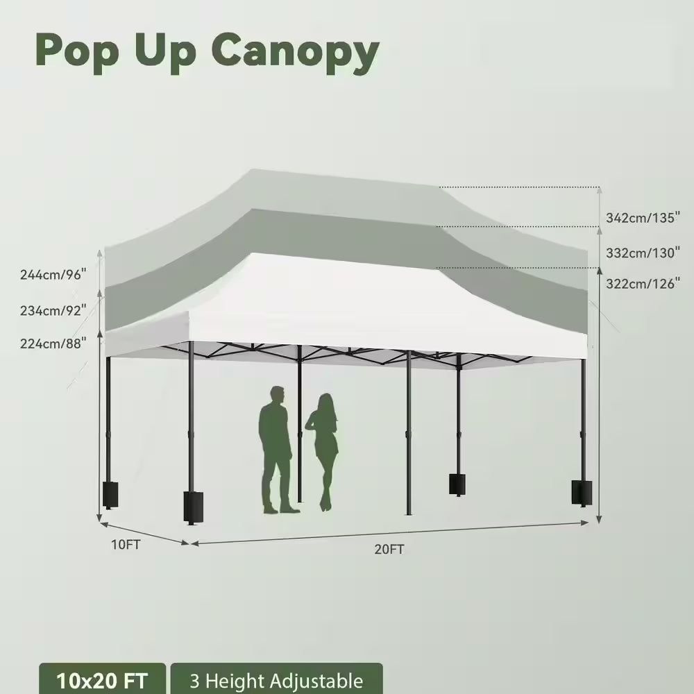 10 Ft. X 20 Ft. White Pop-Up Canopy Tent with Wind Ropes, Stakes and Sandbags, 3-Adjustable Height
