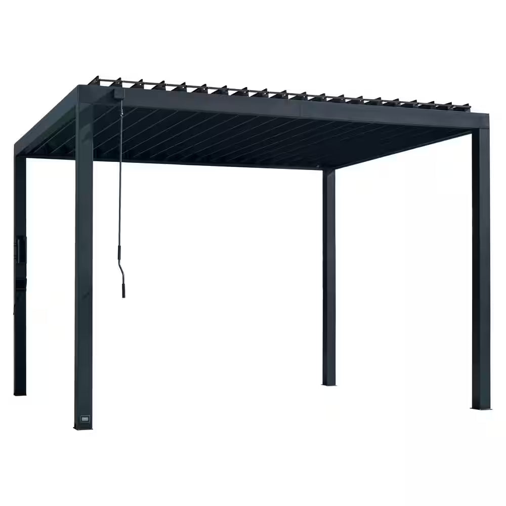 Sarasota 12 Ft. X 10 Ft. Black Powder Coated Steel Louvered Pergola with Integrated Drainage and Gutter Guards