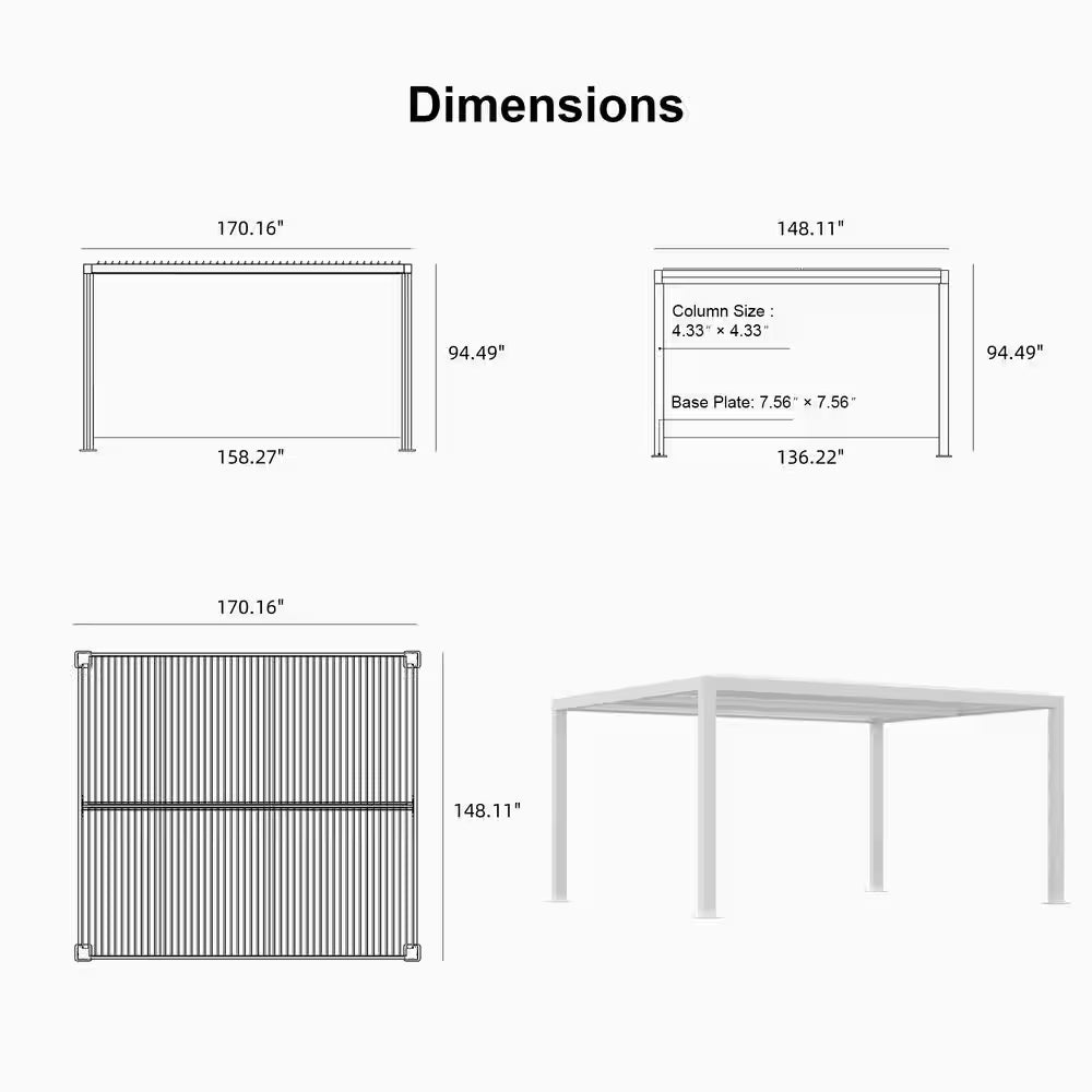 12 Ft. X 14 Ft. White Aluminum Frame Outdoor Hardtop Louvered Pergola with Adjustable Sunshade Roofs and In-Built Gutter