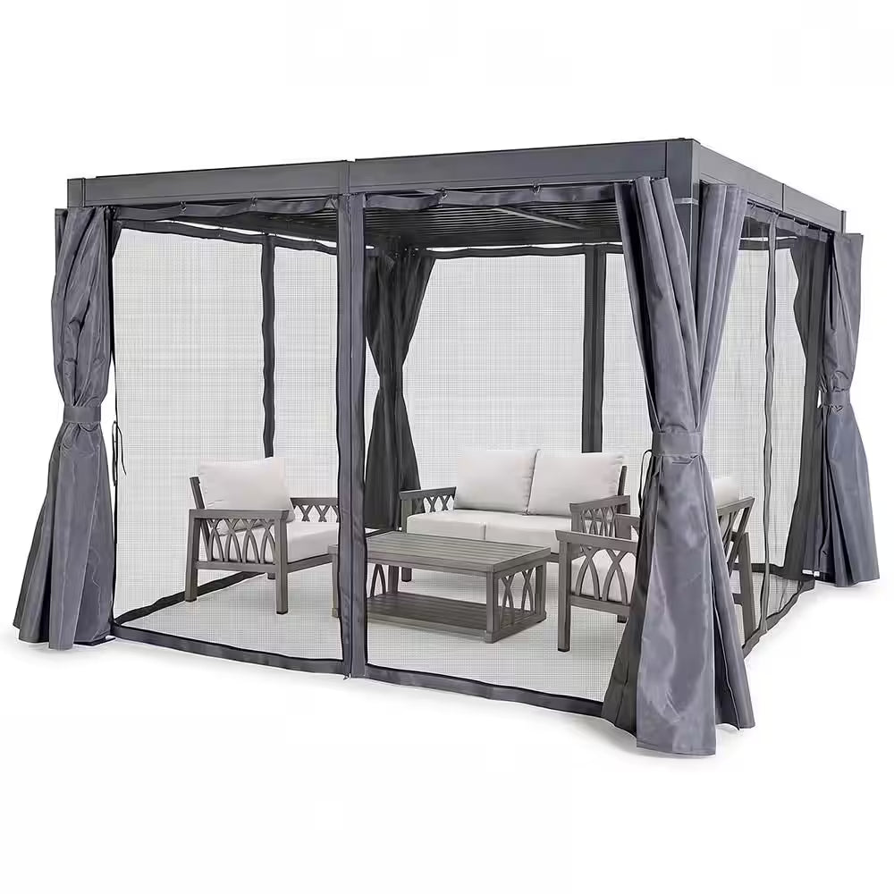 10 Ft. X 10 Ft. Grey All-Aluminum Outdoor Louvered Pergola with Adjustable Roof, Curtains and Netting