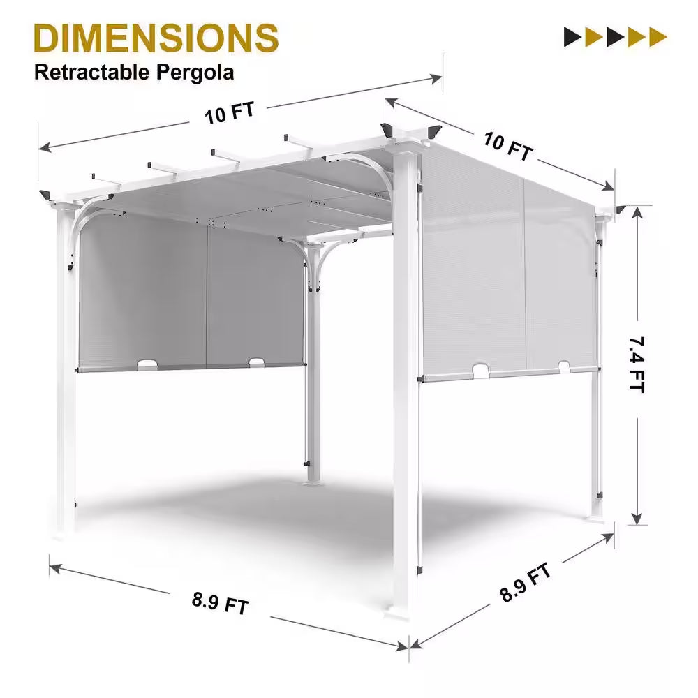 Steel Outdoor Patio Pergola with Retractable 10 Ft. X 10 Ft. Textilene Canopy Shade for Backyard, Garden and Lawn, Gray