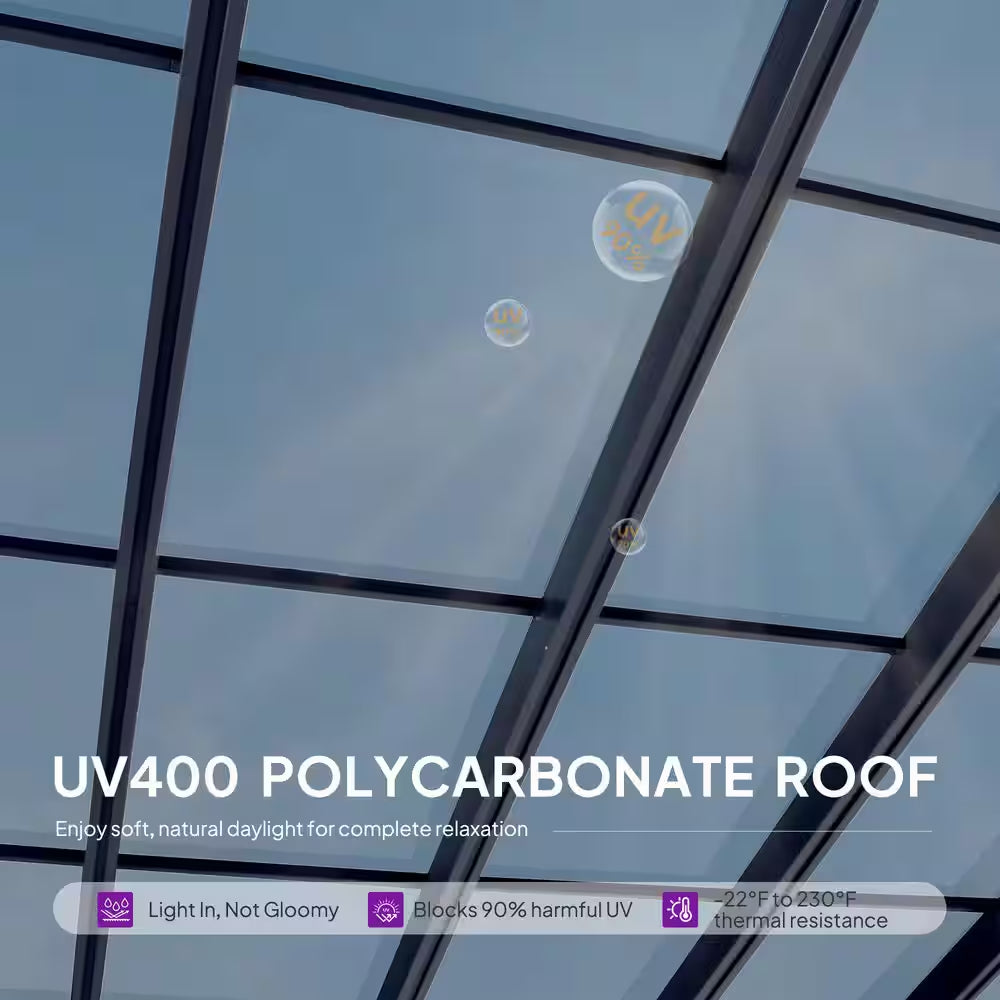 12 Ft. X 14 Ft. Gray Wall-Mounted Outdoor Pergola Aluminum Lean to Gazebo with PC Roof and IP67 LED Light