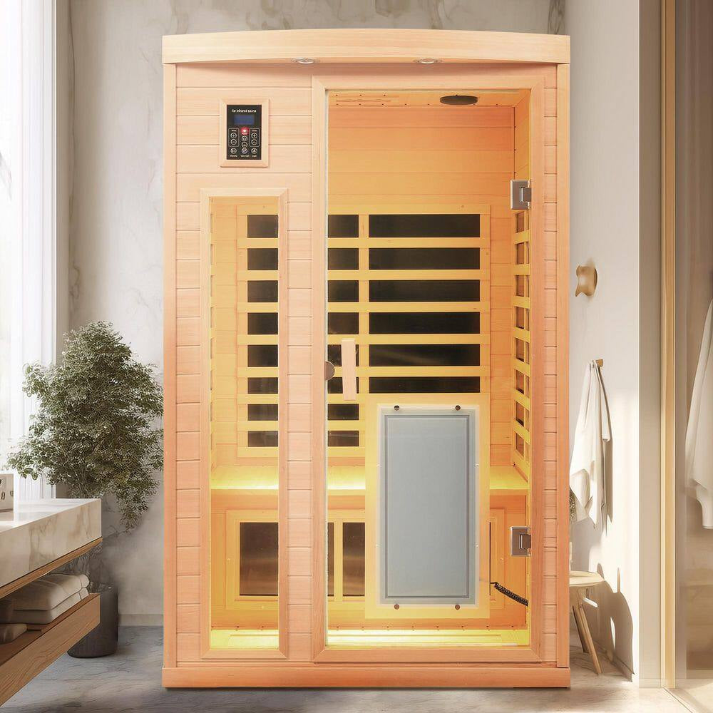 2-Person Natural Wood Far Infrared Hemlock Wood Sauna Room with LED Reading Light