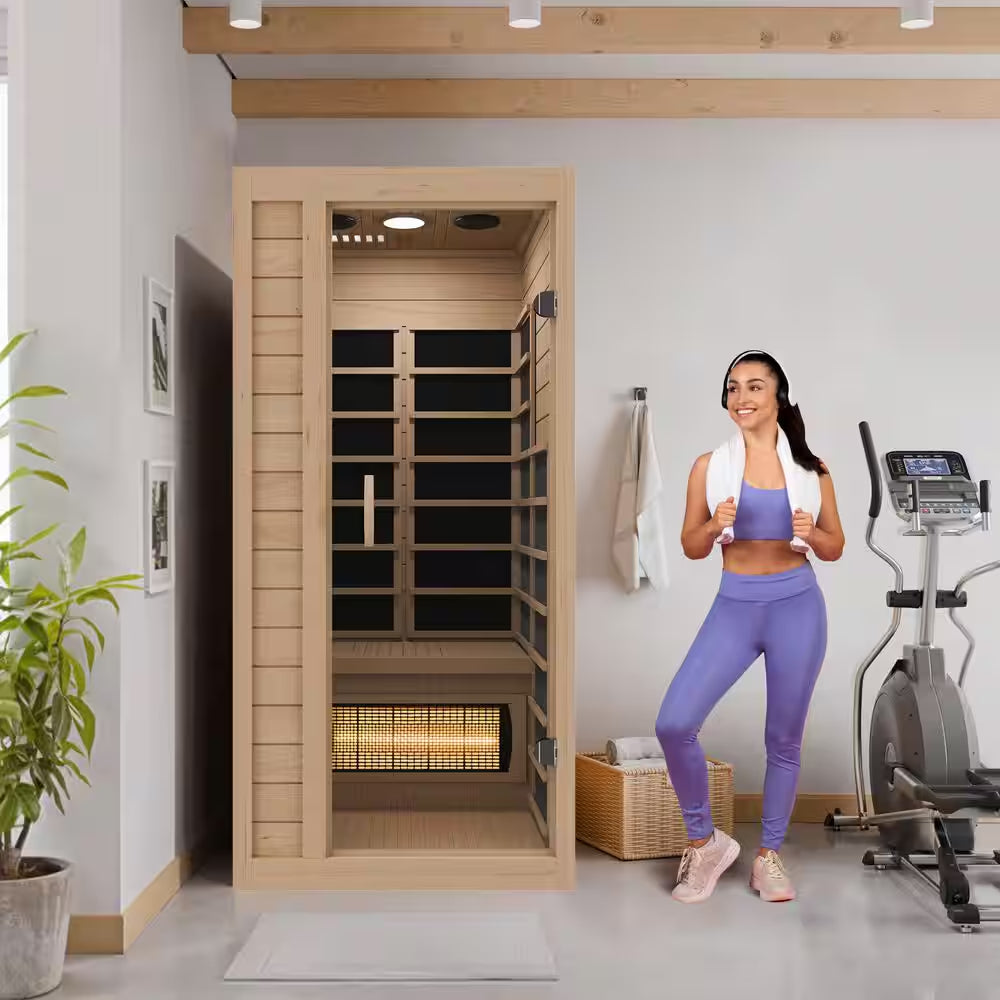 Home Sauna Room 1-Person Indoor Hemlock Wooden Infrared Sauna Spa with Bluetooth Digital Control Panel