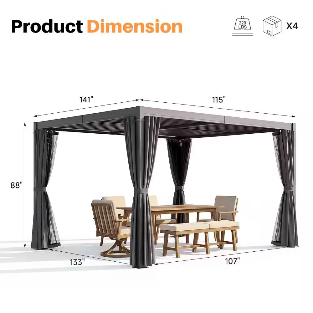 10 Ft. X 12 Ft. Grey All-Aluminum Outdoor Louvered Pergola with Adjustable Roof, Curtains and Netting