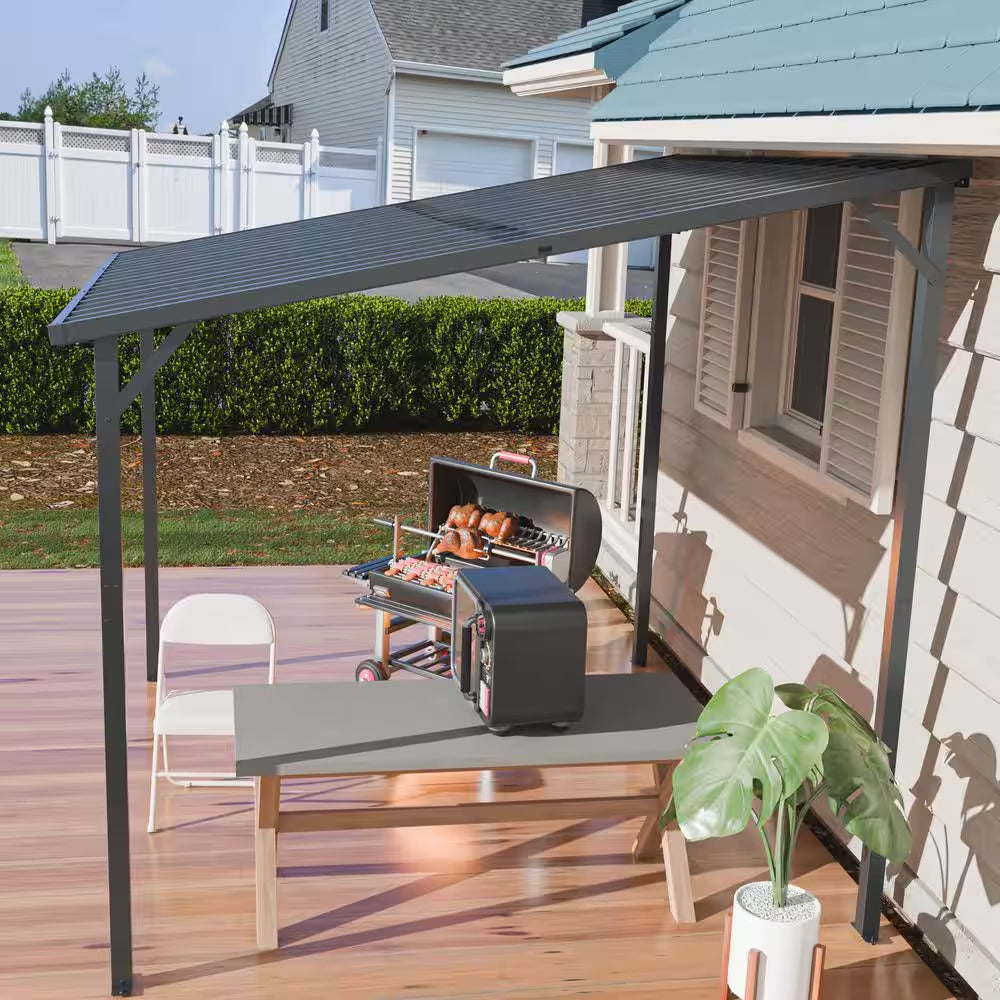 8 Ft. X 10 Ft. Lean to Gazebo, Wall Mounted Gazebos Pergola, Galvanized Steel Roof for Deck, Porch, Backy
