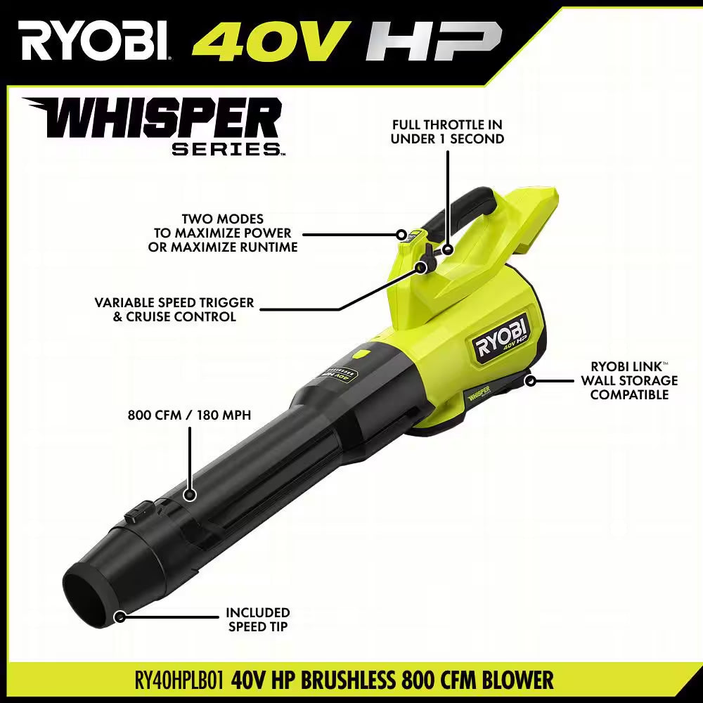 40V HP Brushless Whisper Series 180 MPH 800 CFM Cordless Battery Leaf Blower with 8.0 Ah Battery and Charger