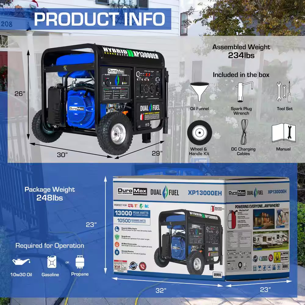 13000/10500-Watt Dual Fuel Electric Start Gasoline/Propane Portable Home Power Back up Generator with CO Alert Sensor