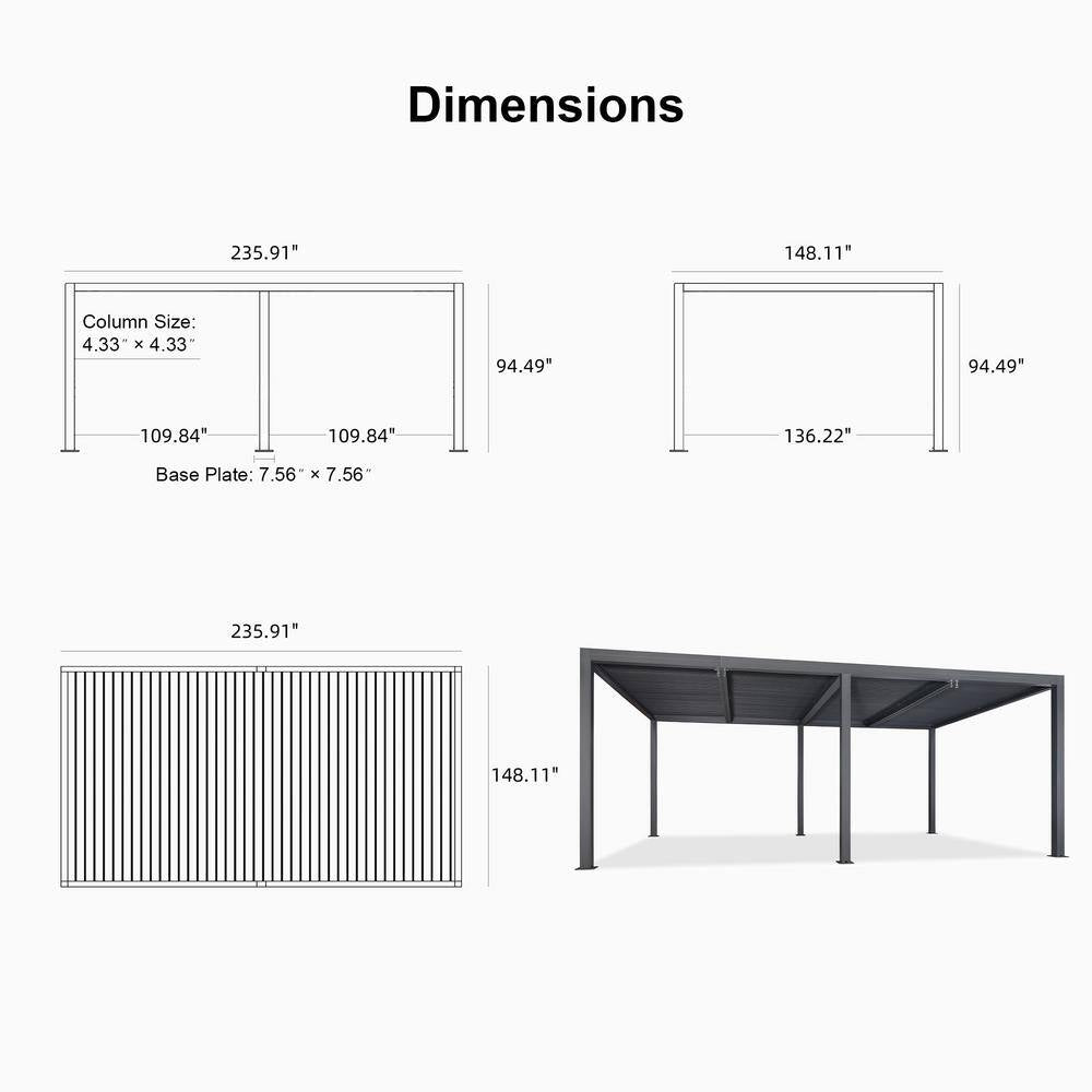 12 Ft. X 20 Ft. Gray Aluminum Frame Outdoor Hardtop Louvered Pergola with Adjustable Sunshade Roof and In-Built Gutter