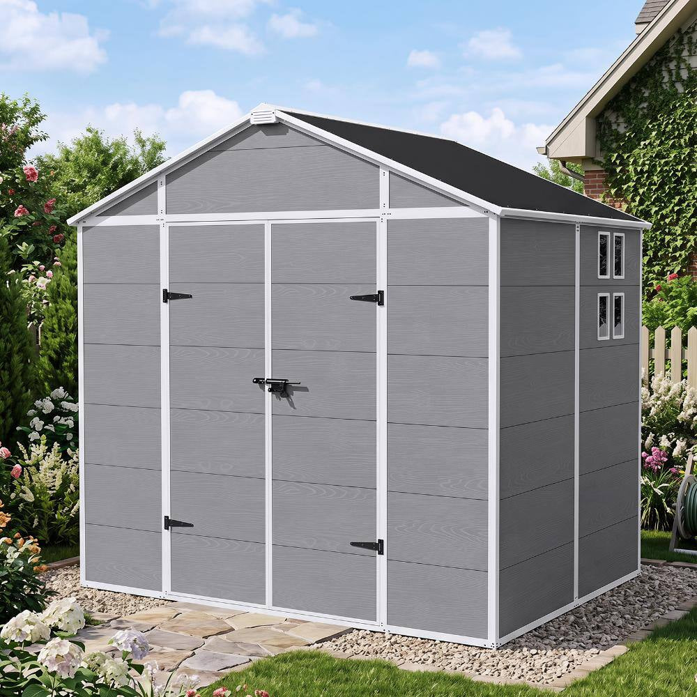 8X6 FT Resin Storage Shed, Outdoor Waterproof Tool Shed with Reinforced Floor, Lockable Door, Window & Vent for Backyard