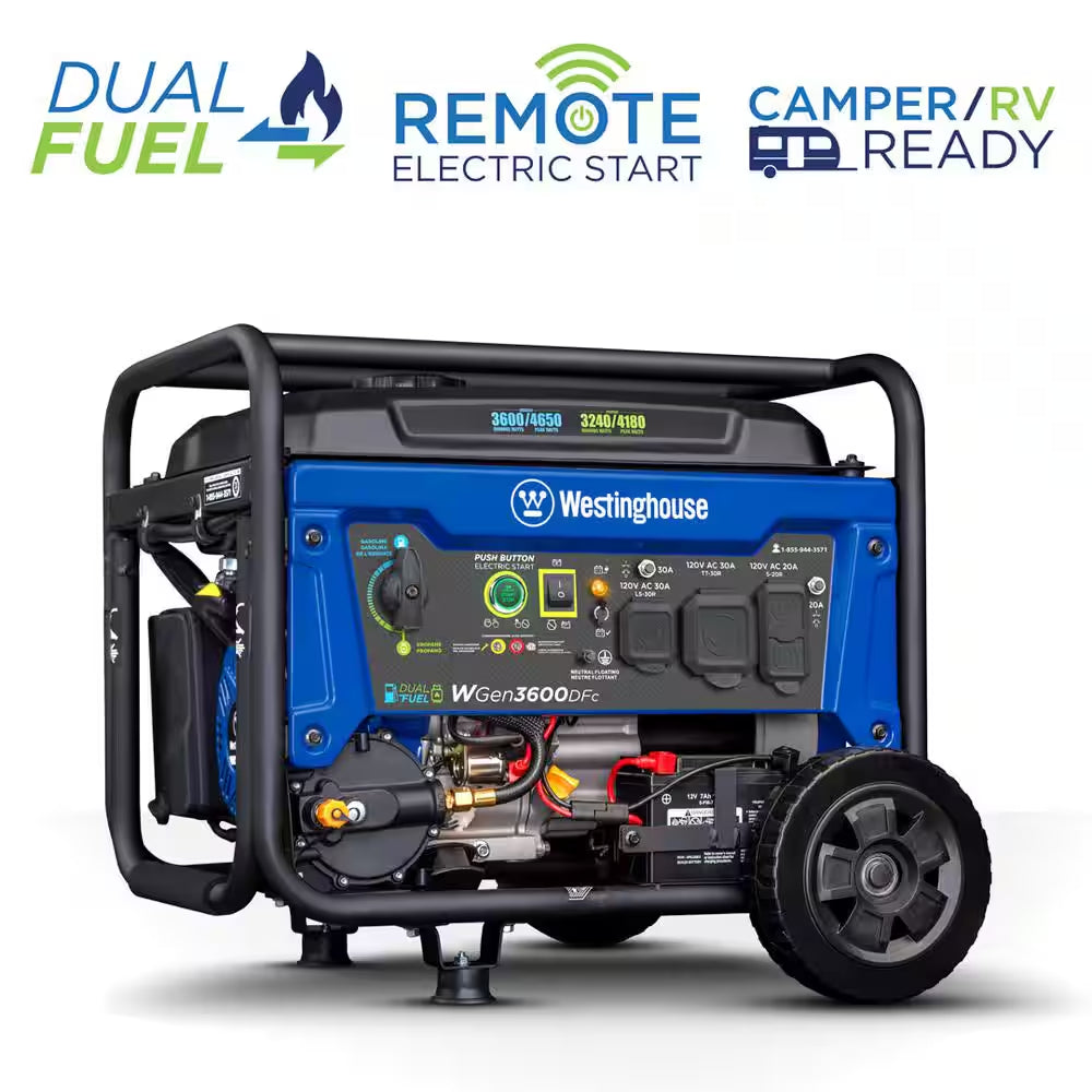 4,650/3,600-Watt Remote Electric Start Dual Fuel Gas and Propane Powered Portable Generator W/ Wheel Kit, CO Sensor