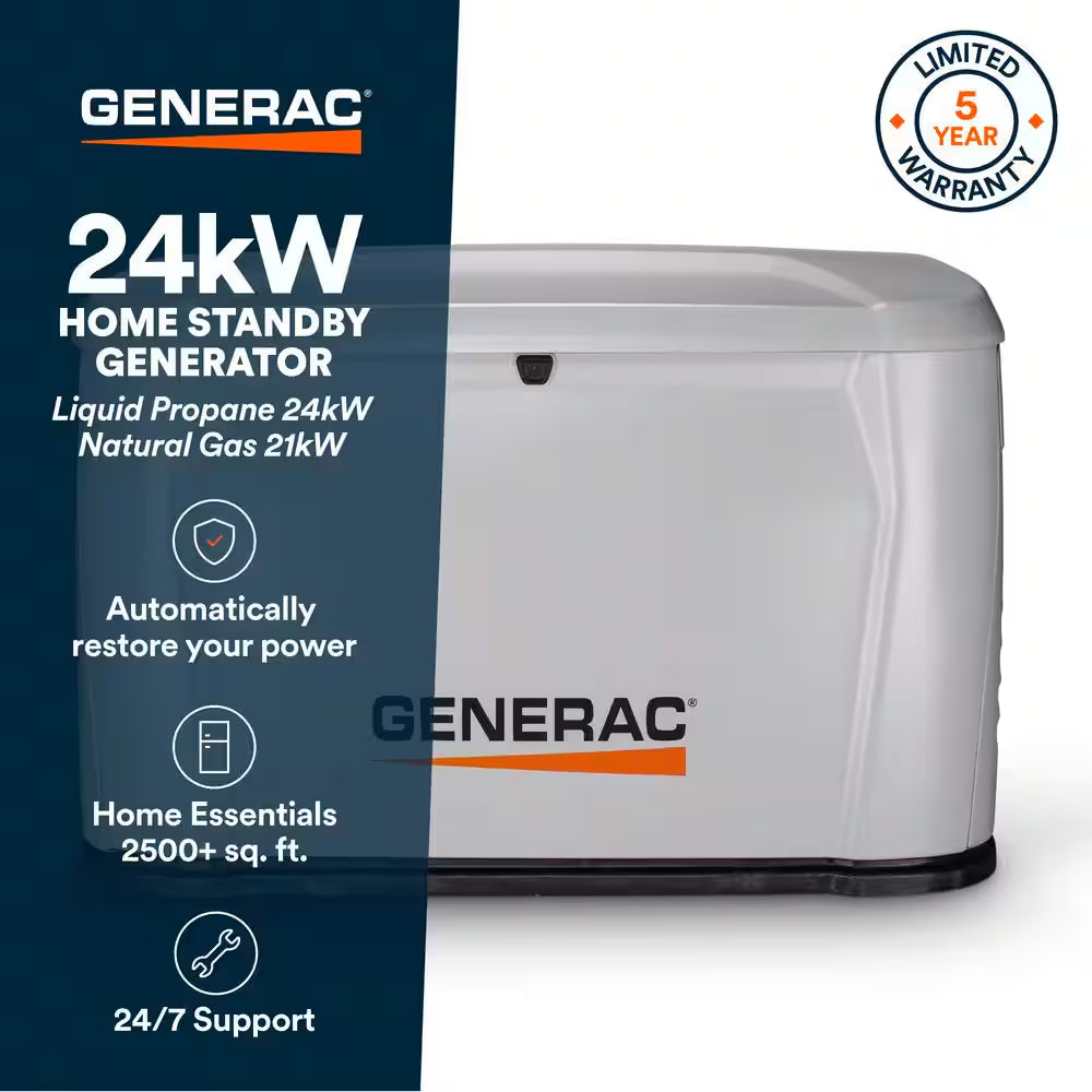 24Kw Air-Cooled Auto Start on Natural Gas or Propane Whole House Generator with Smart Mobile Monitoring
