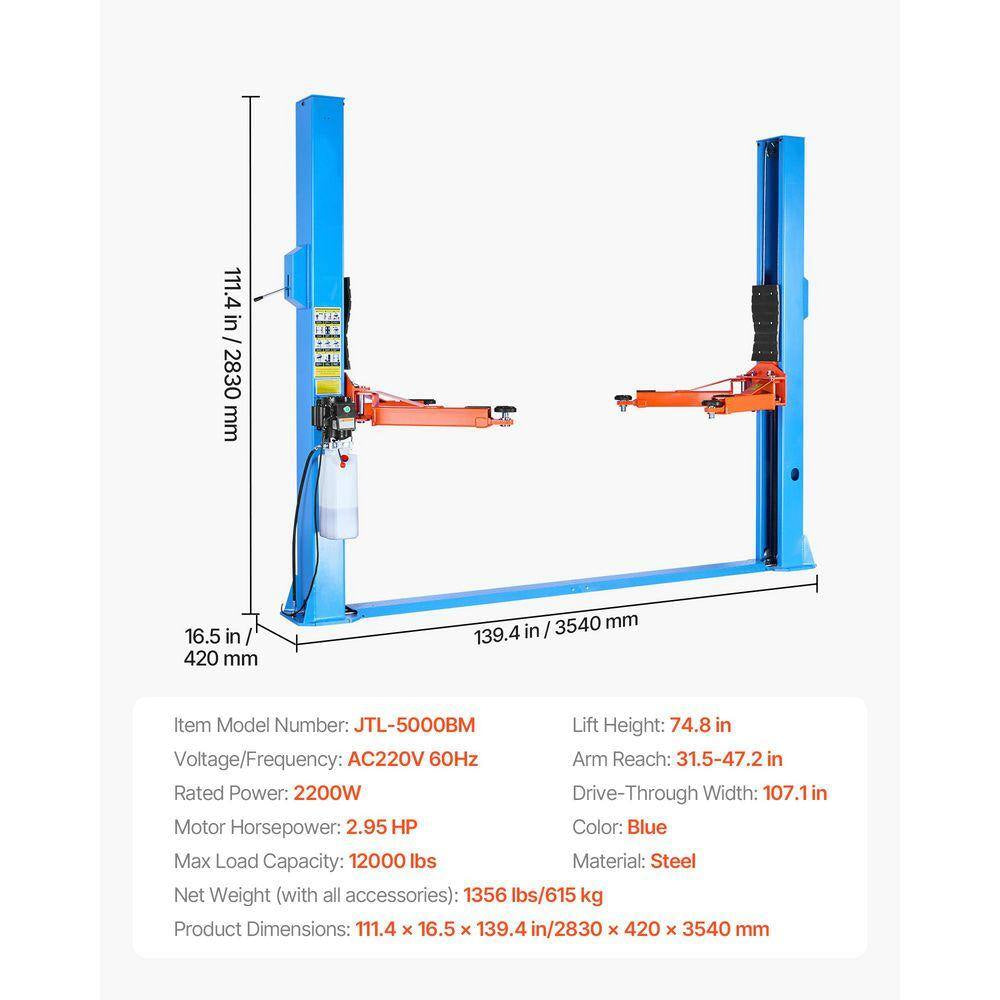 2-Post Lift Symmetric 2 Post Car Lift 12000 Lb. Capacity, 220V 2.95 HP Powerful Motor, for Sedan SUV Pickup
