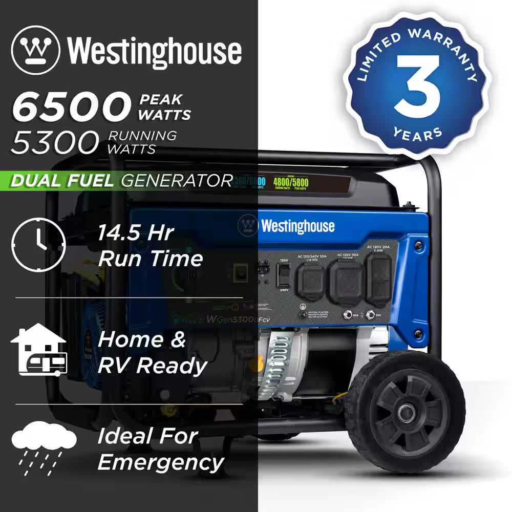 6,500/5,300-Watt Recoil Start Dual Fuel Gas and Propane Powered Portable Generator W/ 30A 120/240-Volt Outlet, CO Sensor