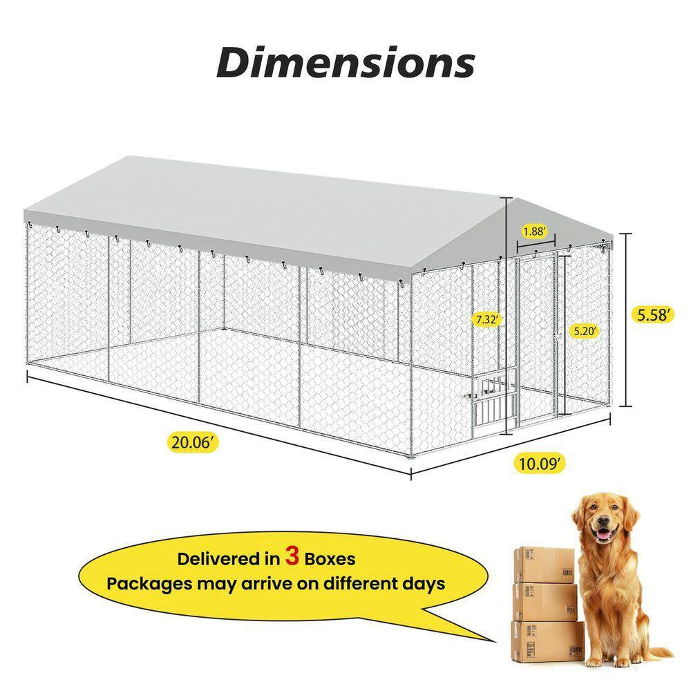 10 Ft.W X 20 Ft.D Outdoor Metal Shed Dog Kennel W/Canopy,Built-In Elevated Feeding Bowls,Escape-Proof(200 Sq.Ft.)