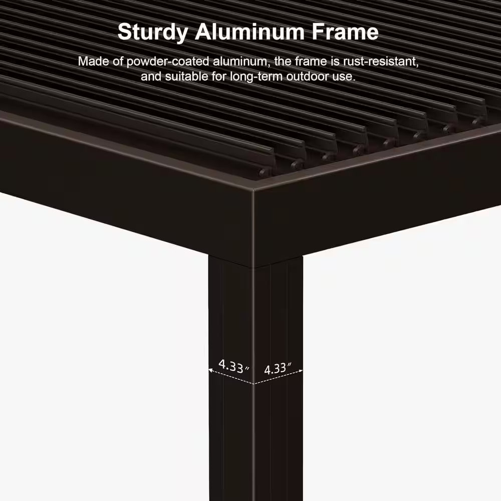 12 Ft. X 20 Ft. Bronze Aluminum Frame Louvered Pergola with Adjustable Roofs and 1-Long Side Bronze Roller Shades