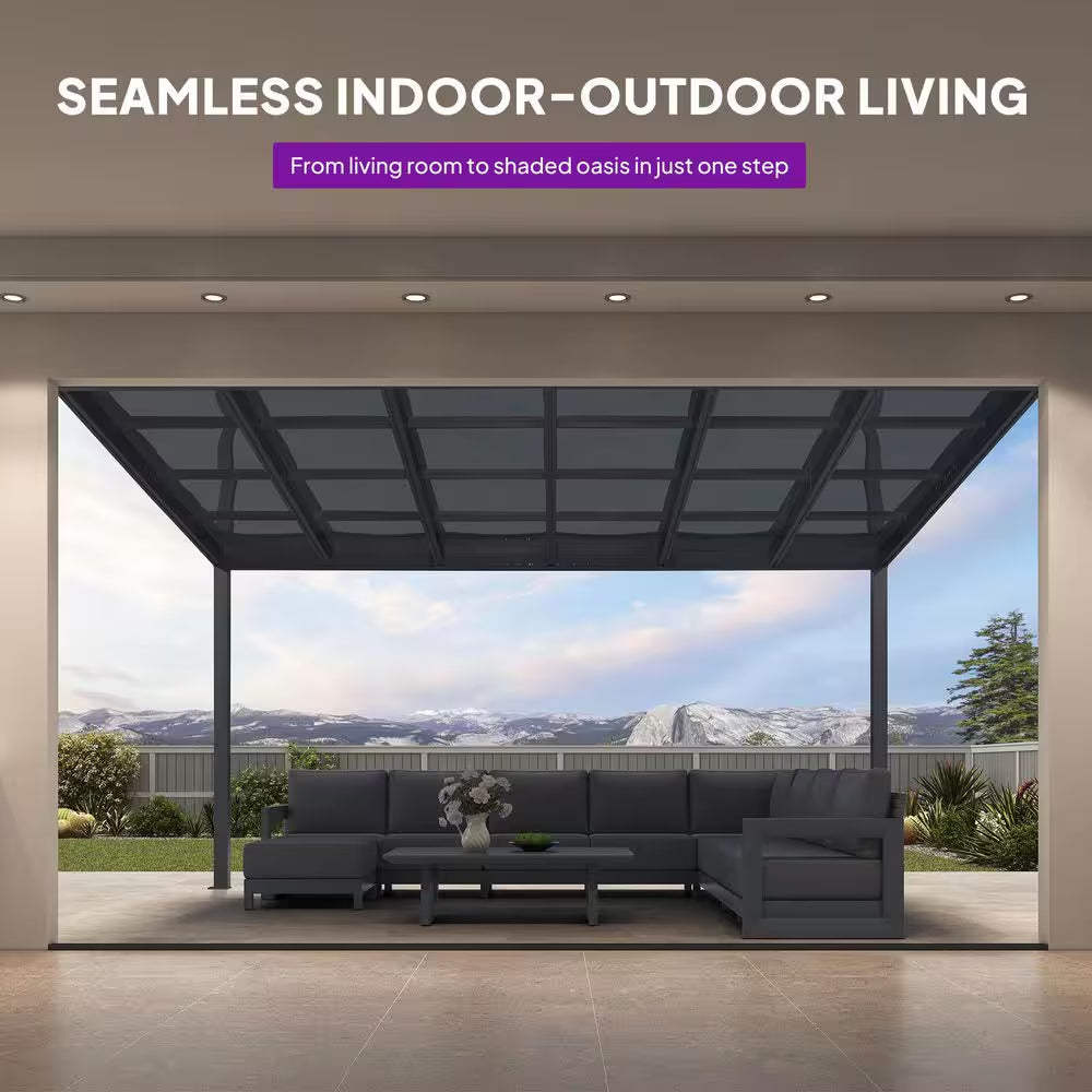 12 Ft. X 14 Ft. Gray Wall-Mounted Outdoor Pergola Aluminum Lean to Gazebo with PC Canopy and In-Built Gutter System