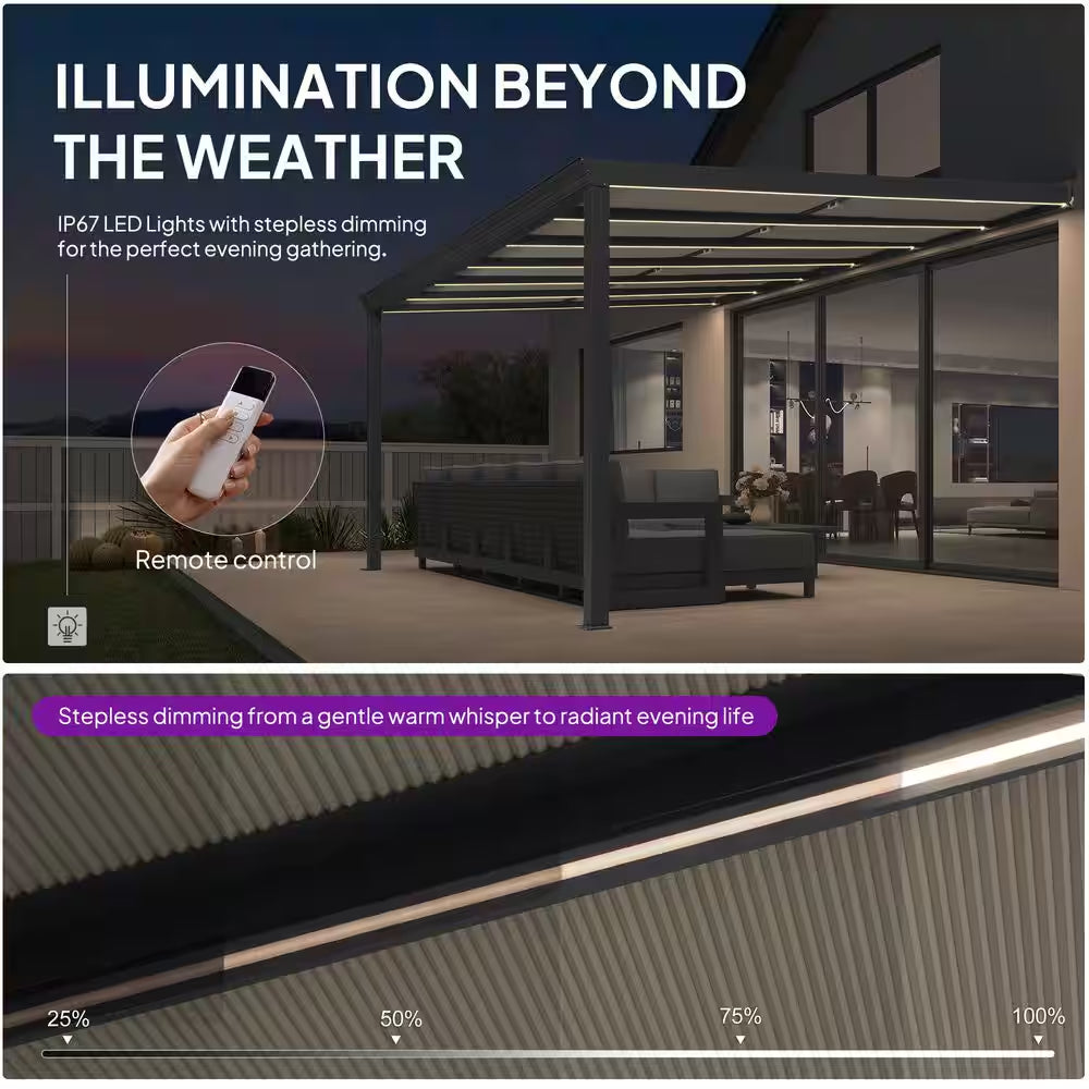 12 Ft. X 14 Ft. Gray Wall-Mounted Outdoor Pergola Aluminum Lean to Gazebo with PC Roof, LED Light and Retractable Canopy
