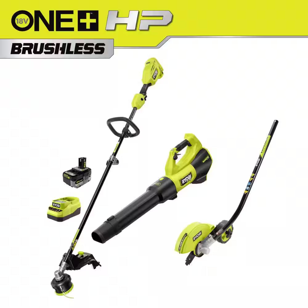 ONE+ HP 18V Brushless Cordless Attachment Capable 15" Trimmer and Blower Combo Kit W/ Edger, 4.0 Ah Battery & Charger