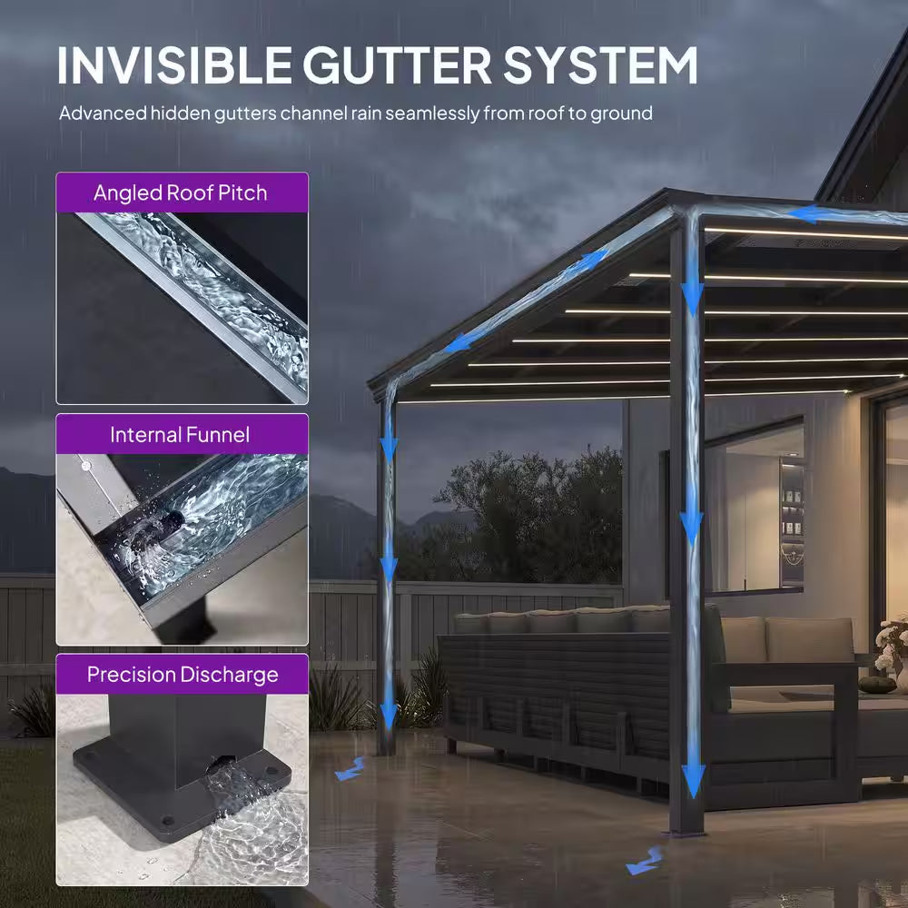12 Ft. X 14 Ft. Gray Wall-Mounted Outdoor Pergola Aluminum Lean to Gazebo with PC Roof and IP67 LED Light