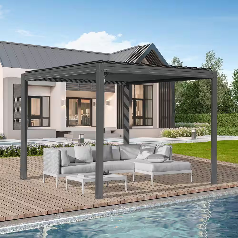 10 Ft. X 10 Ft. Gray Aluminum Metal Louvered Pergola