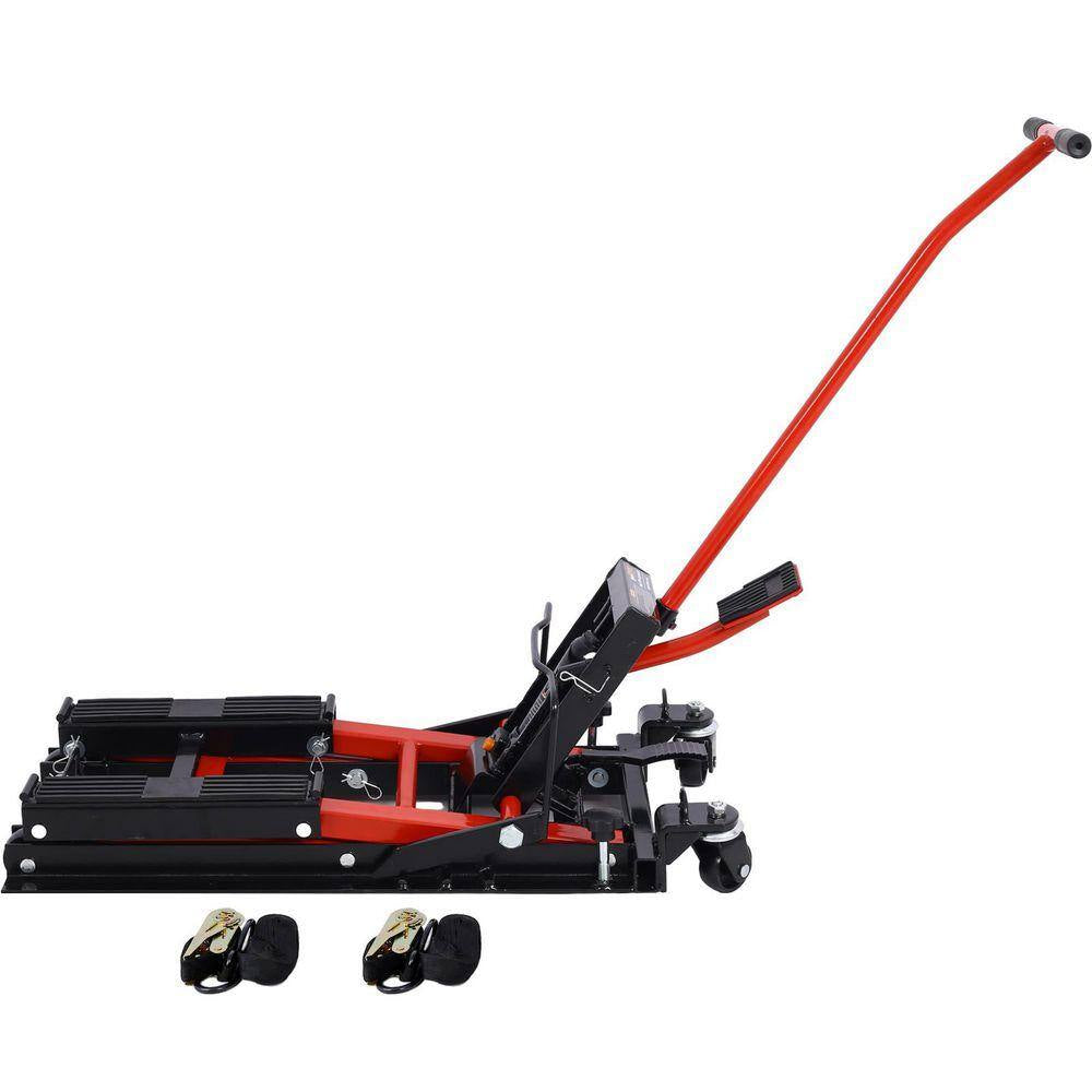 1500 LBS Capacity Red Hydraulic ATV & Motorcycle Jack with 4 Wheels, Foot-Operated Hoist Stand, Maximum Lift 15 In. H