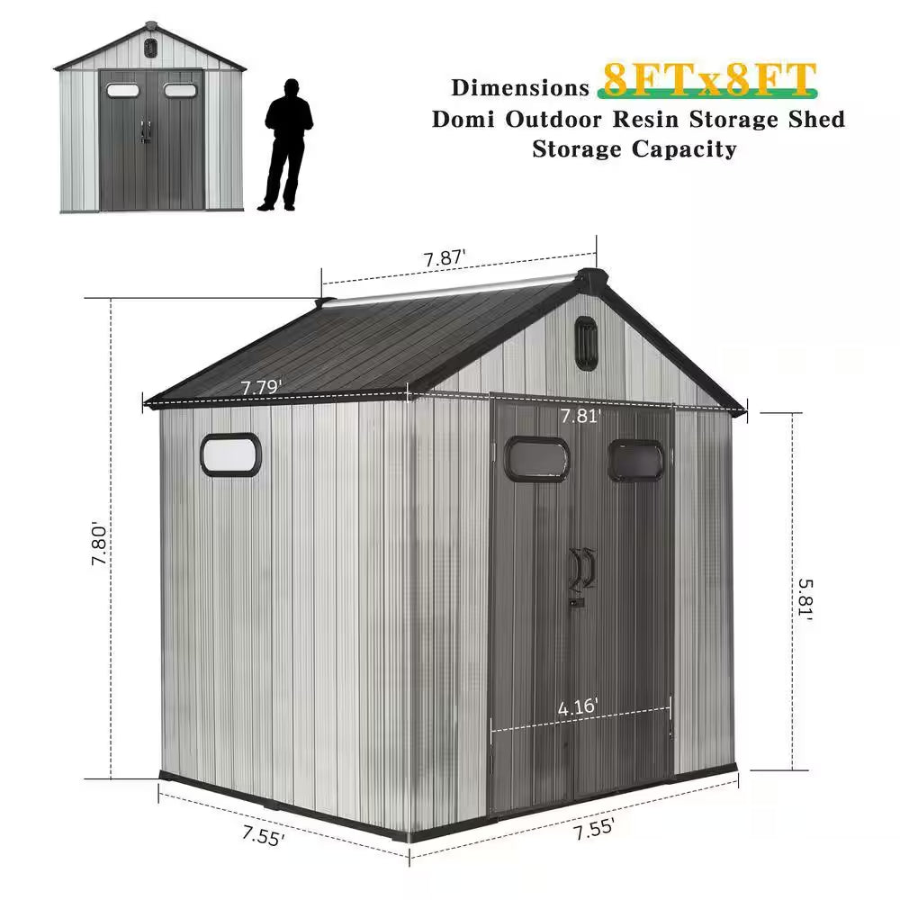 8 Ft. W X 8 Ft. D Resin Shed With-Lockable Door, Windows &-Vents, Outdoor Tools Storage Shed