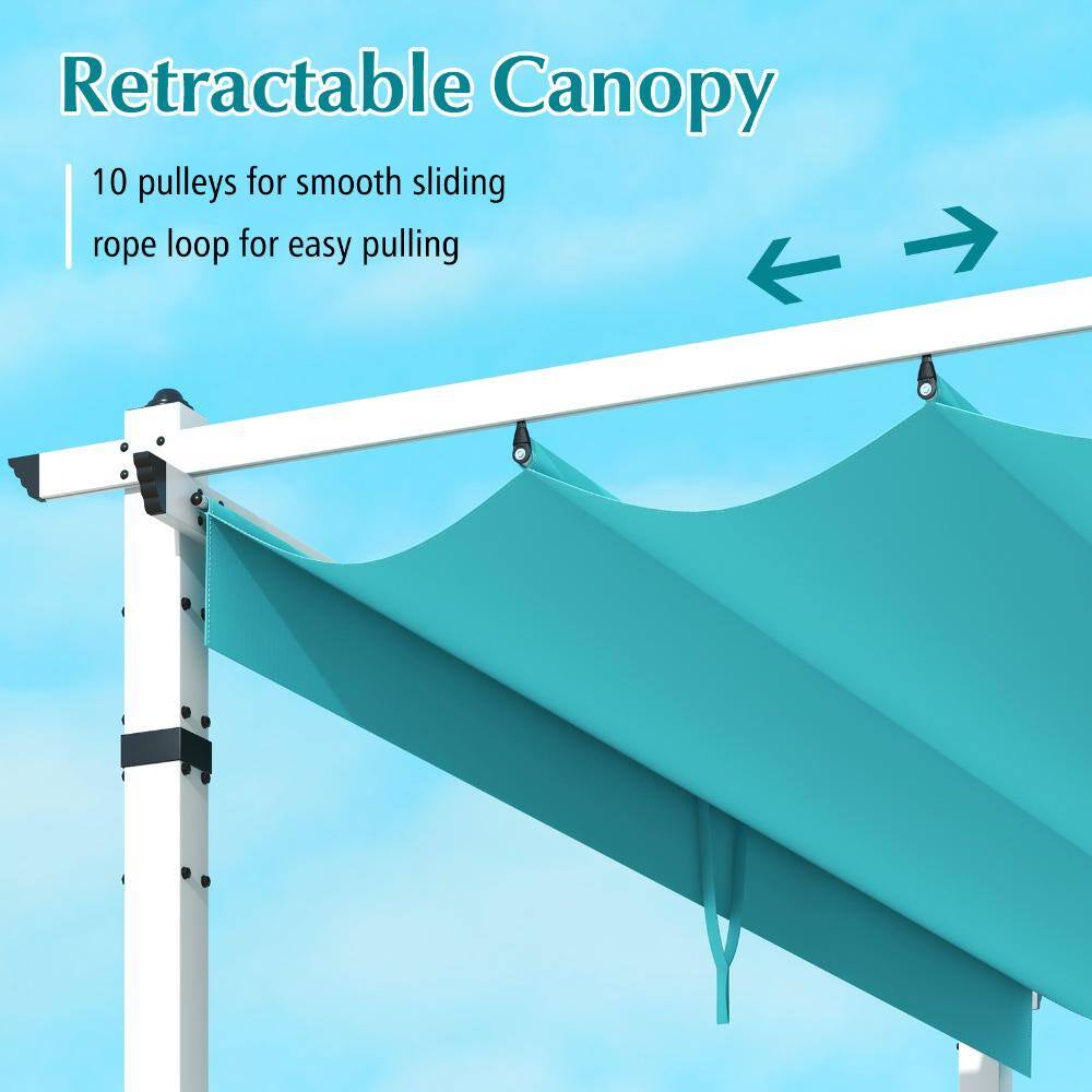 12 Ft. X 10 Ft. Aluminum Patio Pergola with Retractable Polyester Canopy and Locking Hooks, Turquoise