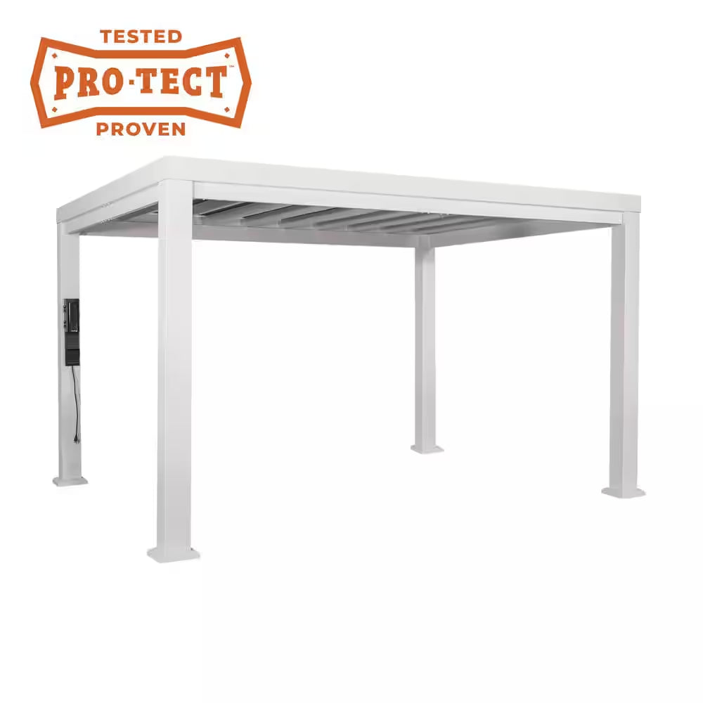 Windham 14 Ft. X 12 Ft. White Powder Coated Galvanized Steel Metal Modern Pergola W/ Sail Shade Soft Canopy and Electric