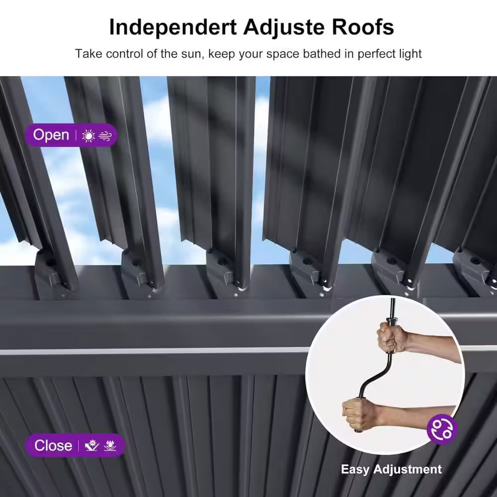 11.7 Ft. X 24.1 Ft. Gray Aluminum Outdoor Louvered Pergola with 4-Individual Adjustable Sunshade Roofs and LED Lights