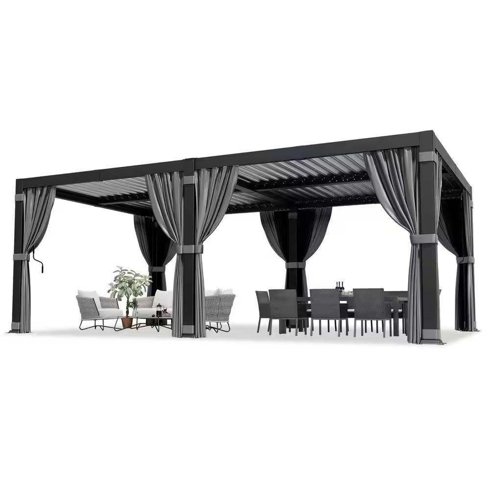 20 Ft. W X 12 Ft. D Aluminum Pergola with Adjustable Louvered Roof, Waterproof Curtains and Nets
