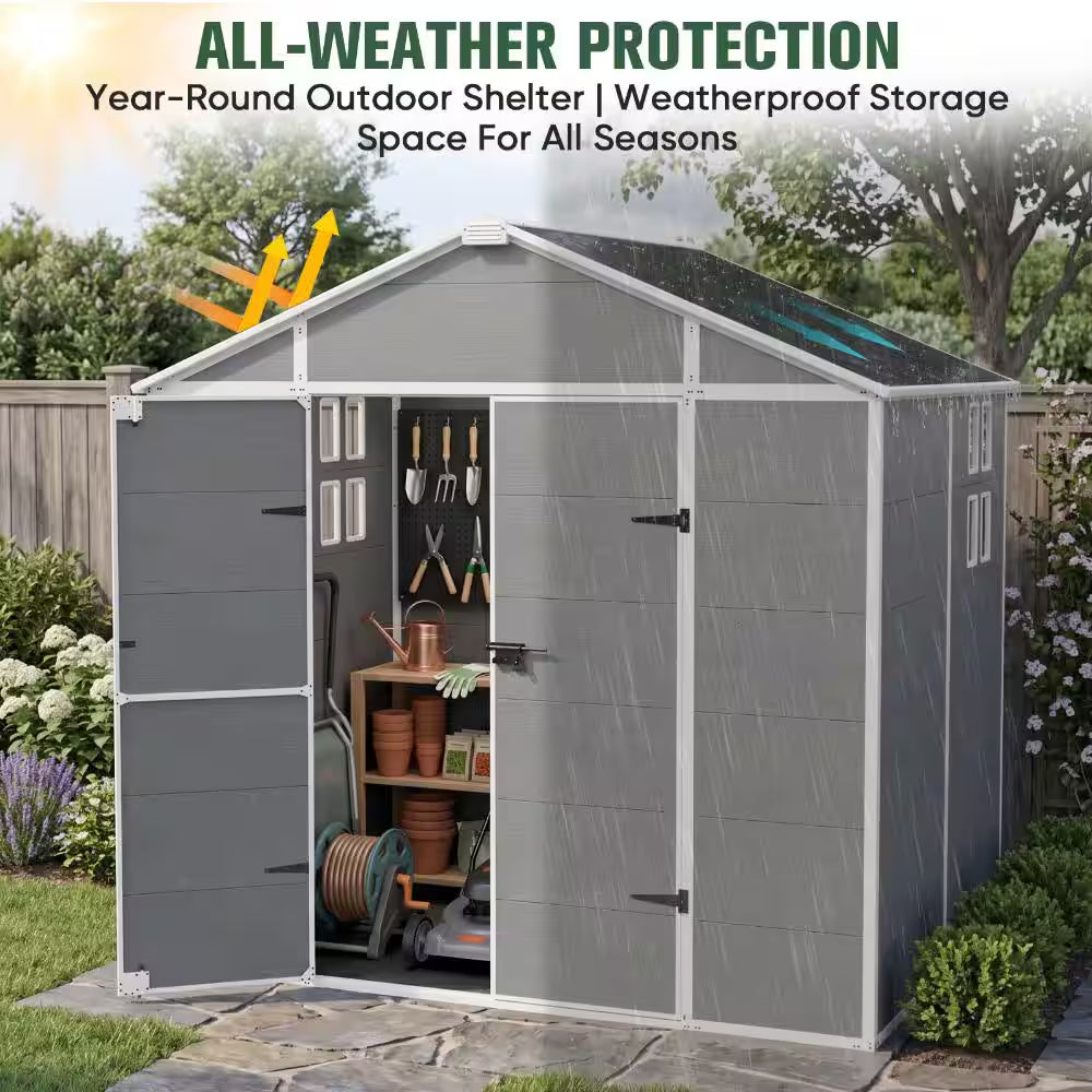 8X6 FT Resin Storage Shed, Outdoor Waterproof Tool Shed with Reinforced Floor, Lockable Door, Window & Vent for Backyard