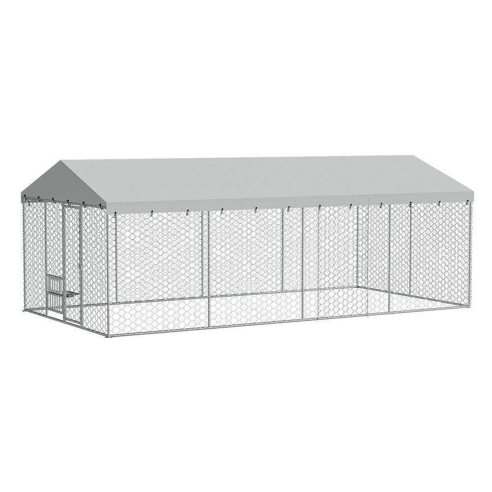 10 Ft.W X 20 Ft.D Outdoor Metal Shed Dog Kennel W/Canopy,Built-In Elevated Feeding Bowls,Escape-Proof(200 Sq.Ft.)