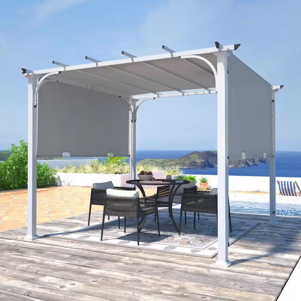 Steel Outdoor Patio Pergola with Retractable 10 Ft. X 10 Ft. Textilene Canopy Shade for Backyard, Garden and Lawn, Gray