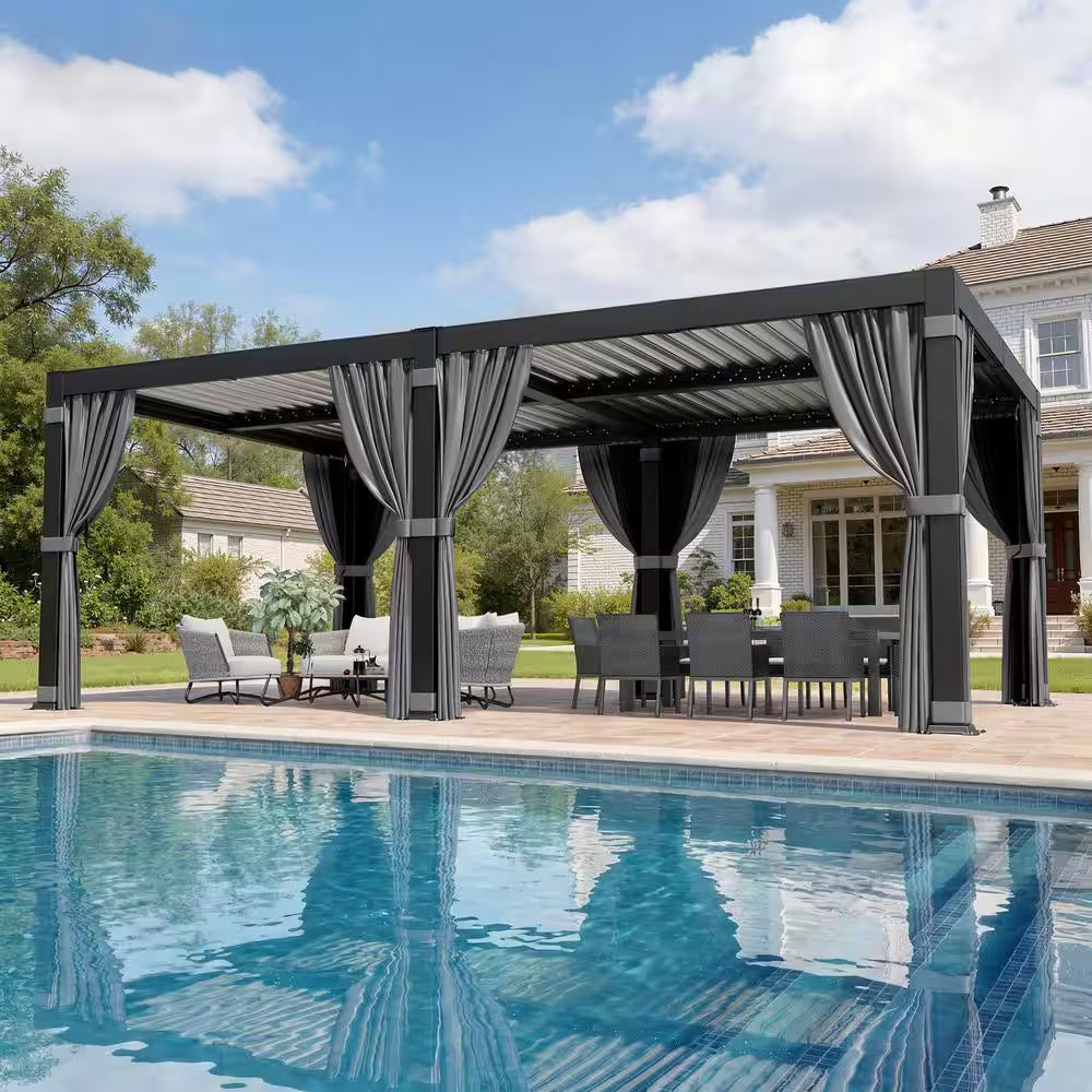20 Ft. W X 12 Ft. D Aluminum Pergola with Adjustable Louvered Roof, Waterproof Curtains and Nets
