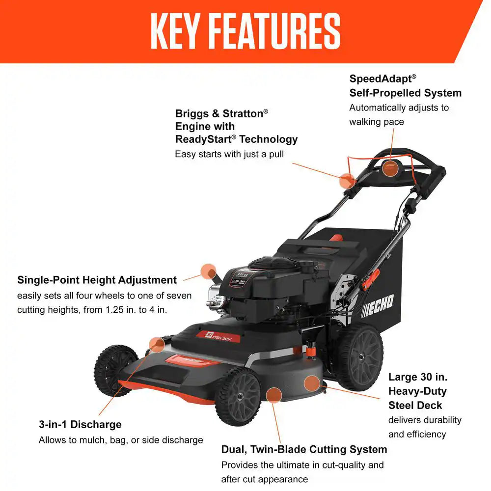 30 In. 223 CC Briggs and Stratton Gas 3-In-1 Dual Twin Blade RWD Self-Propelled Wide Area Lawn Mower with Readystart